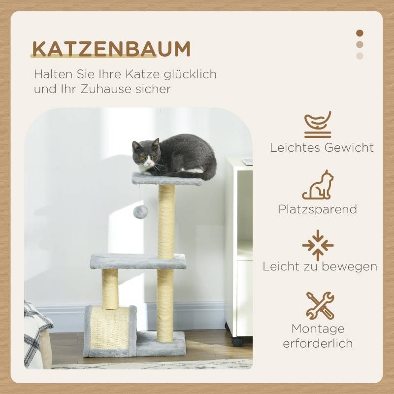 Arbre à chat 72 cm avec balles en peluche, poteaux en sisal, plateforme et griffoir, gris clair - Image 3