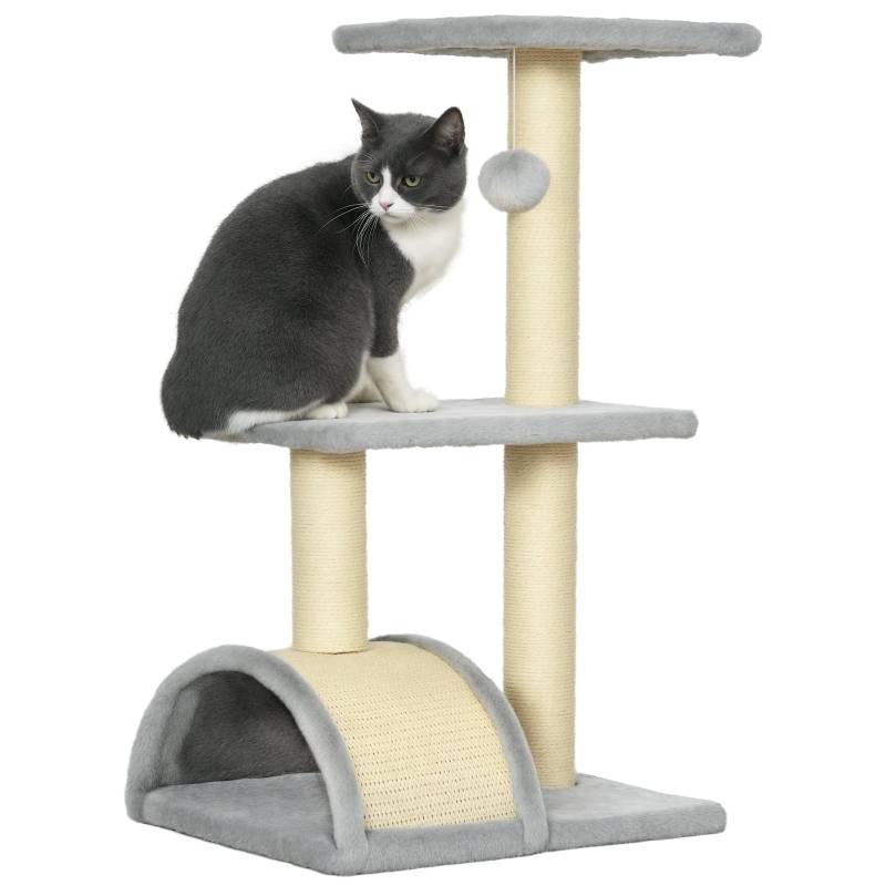 Arbre à chat 72 cm avec balles en peluche, poteaux en sisal, plateforme et griffoir, gris clair - Image 7