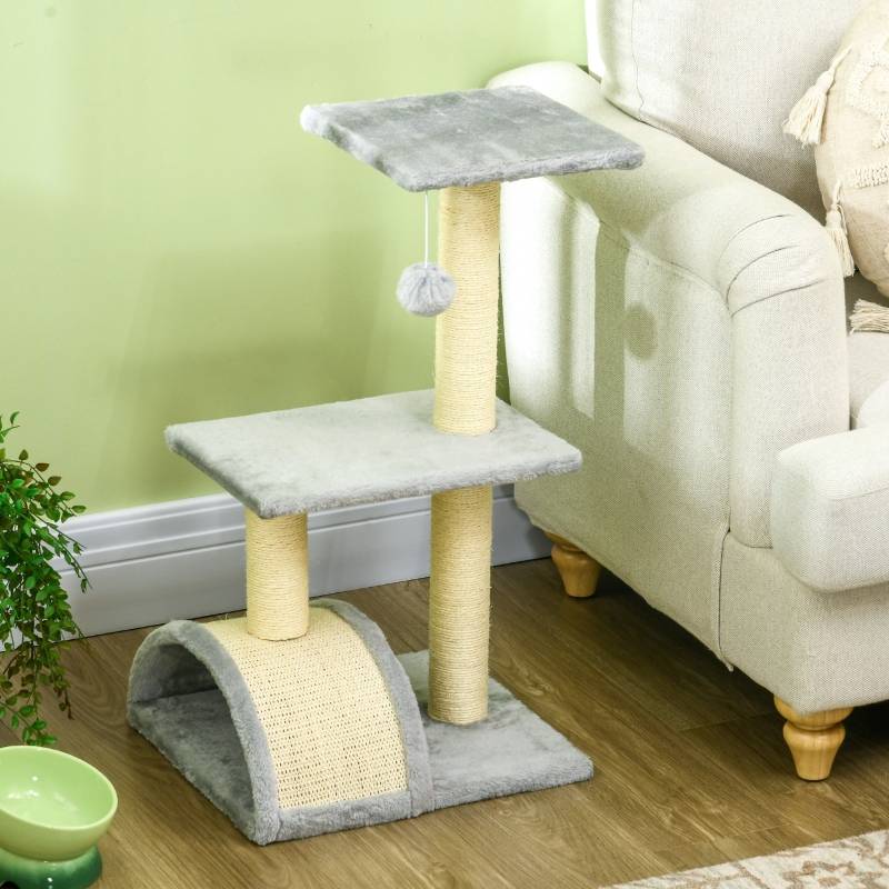 Arbre à chat 72 cm avec balles en peluche, poteaux en sisal, plateforme et griffoir, gris clair - Image 6