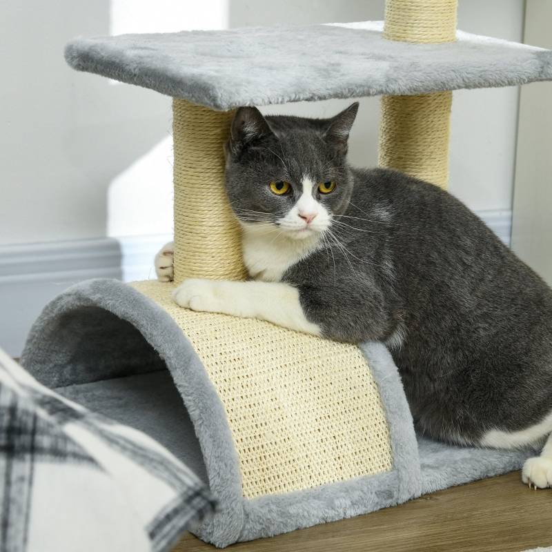 Arbre à chat 72 cm avec balles en peluche, poteaux en sisal, plateforme et griffoir, gris clair - Image 5