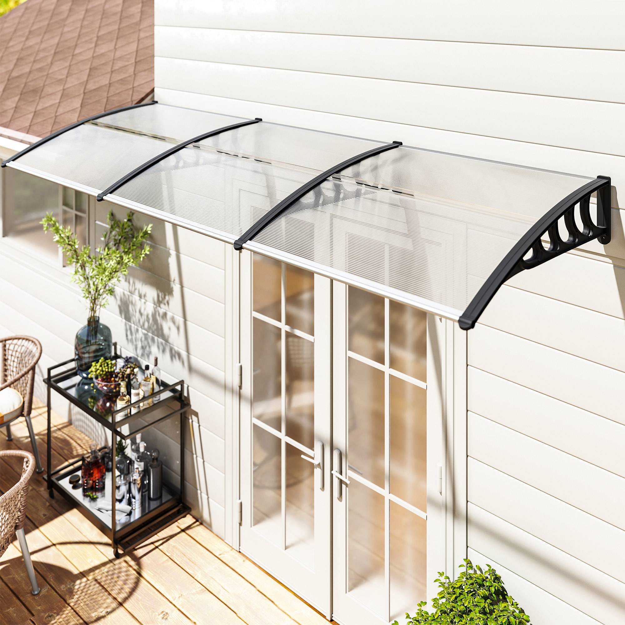 ComfortXL - Marquise de porte polycarbonate aluminium 303 x 96 x 27 cm transparent noir pour entrée protection pluie UV