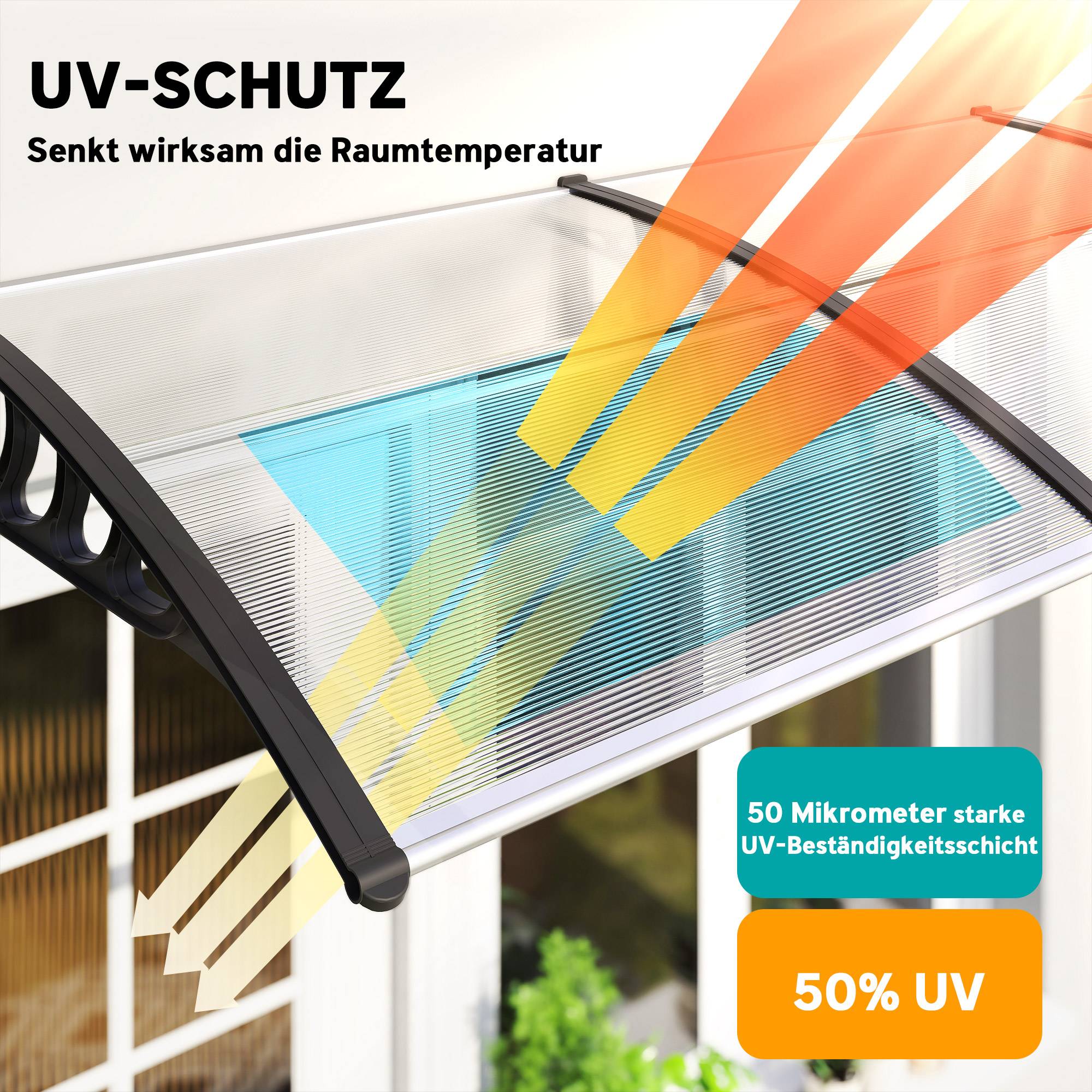 ComfortXL - Marquise de porte polycarbonate aluminium 303 x 96 x 27 cm transparent noir pour entrée protection pluie UV - Image 4