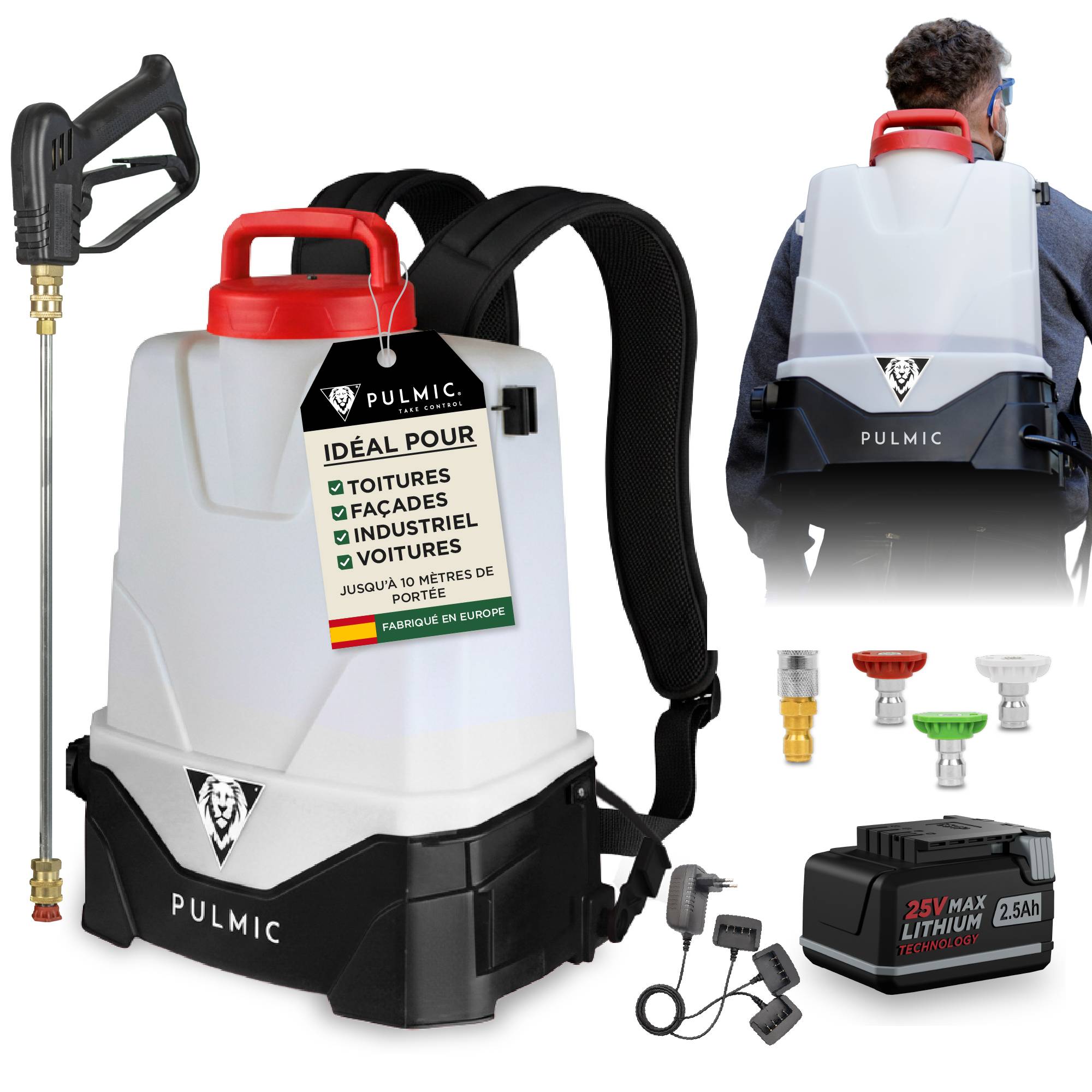 Pulmic Take Control - PULMIC Pulvérisateur Électrique Spécial Toiture et Nettoyage, 7 Bars Projette à 10m avec Lance en Acier INOX,Batterie Lithium 18V
