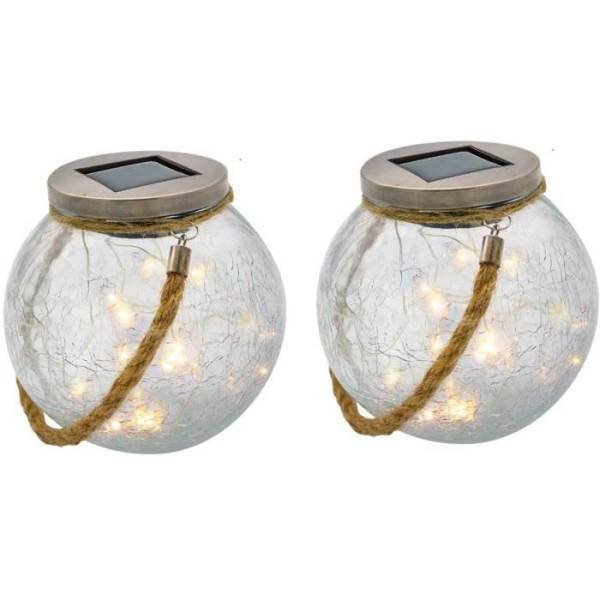 Lumisky - Lot de 2 boules solaires - LUMISKY - CRACK BALL CORD - H13 cm - Verre craquelé a poser - Poignée corde micro - LED blanc chaud - Image 1