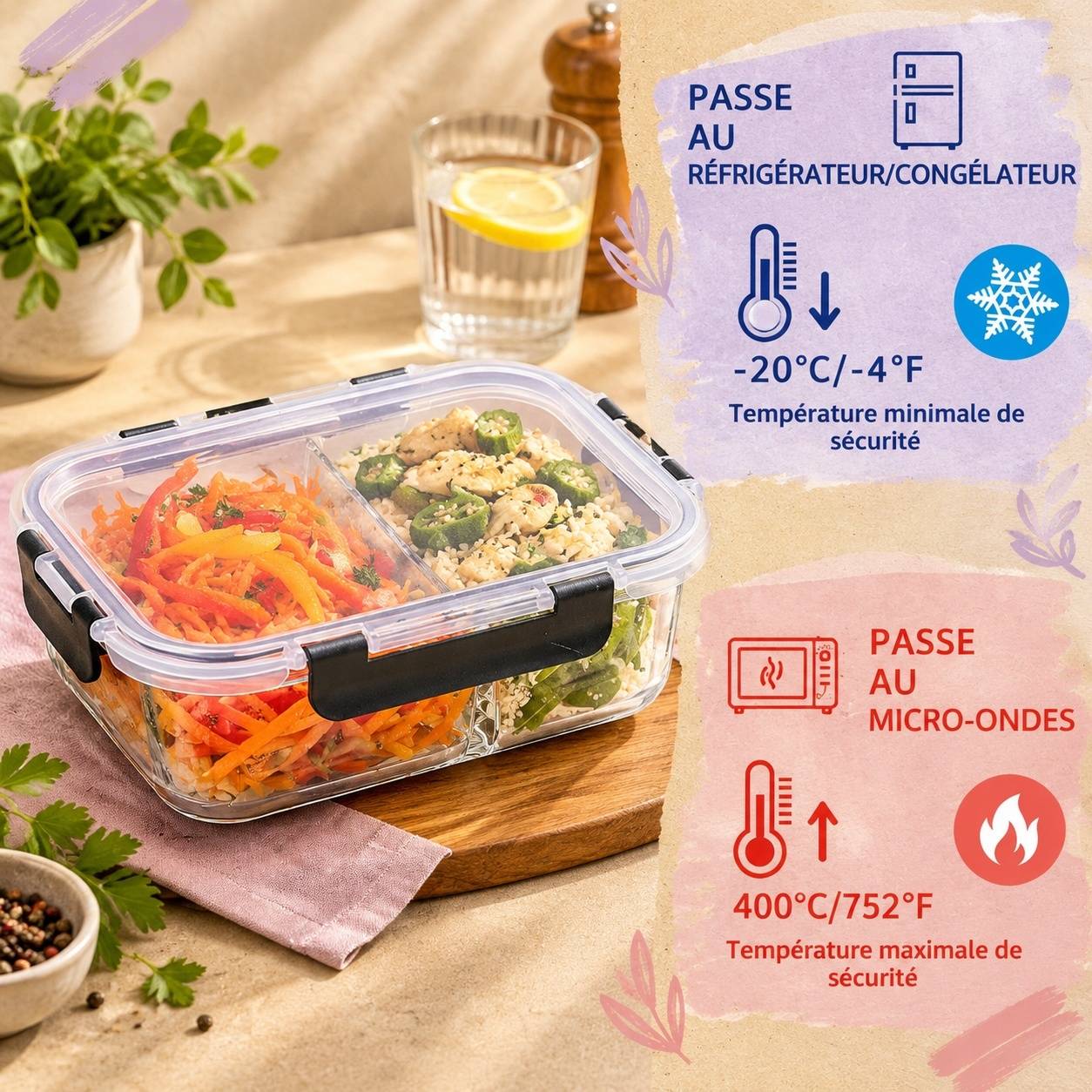 Lot Boîtes Repas Verre Portions 3 Compartiments - Image 6