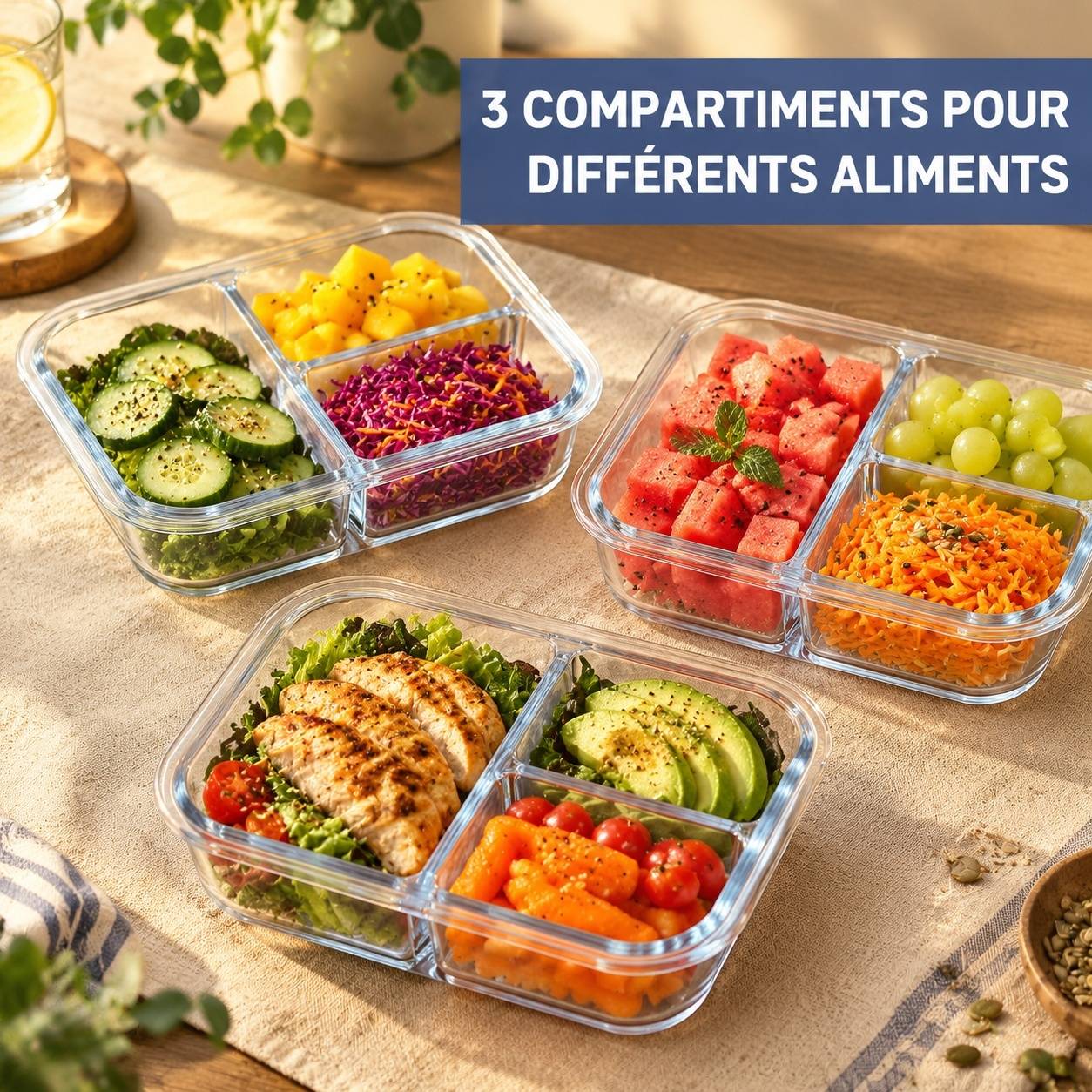 Lot Boîtes Repas Verre Portions 3 Compartiments - Image 7