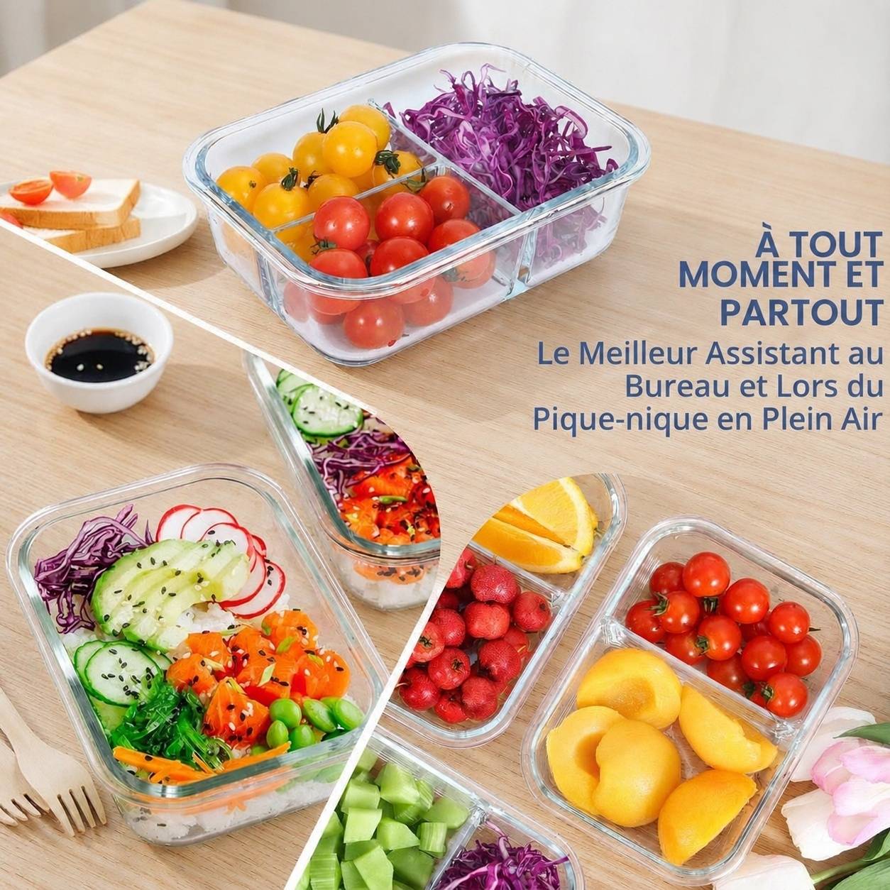 Lot Boîtes Repas Verre Portions 3 Compartiments - Image 4