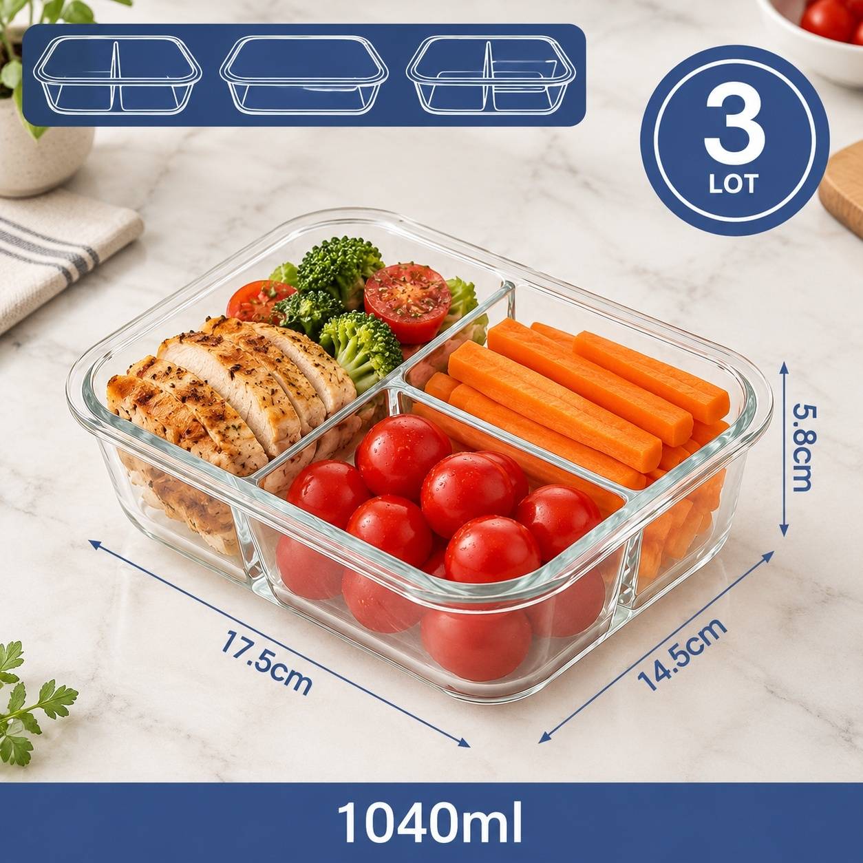 Lot Boîtes Repas Verre Portions 3 Compartiments - Image 3