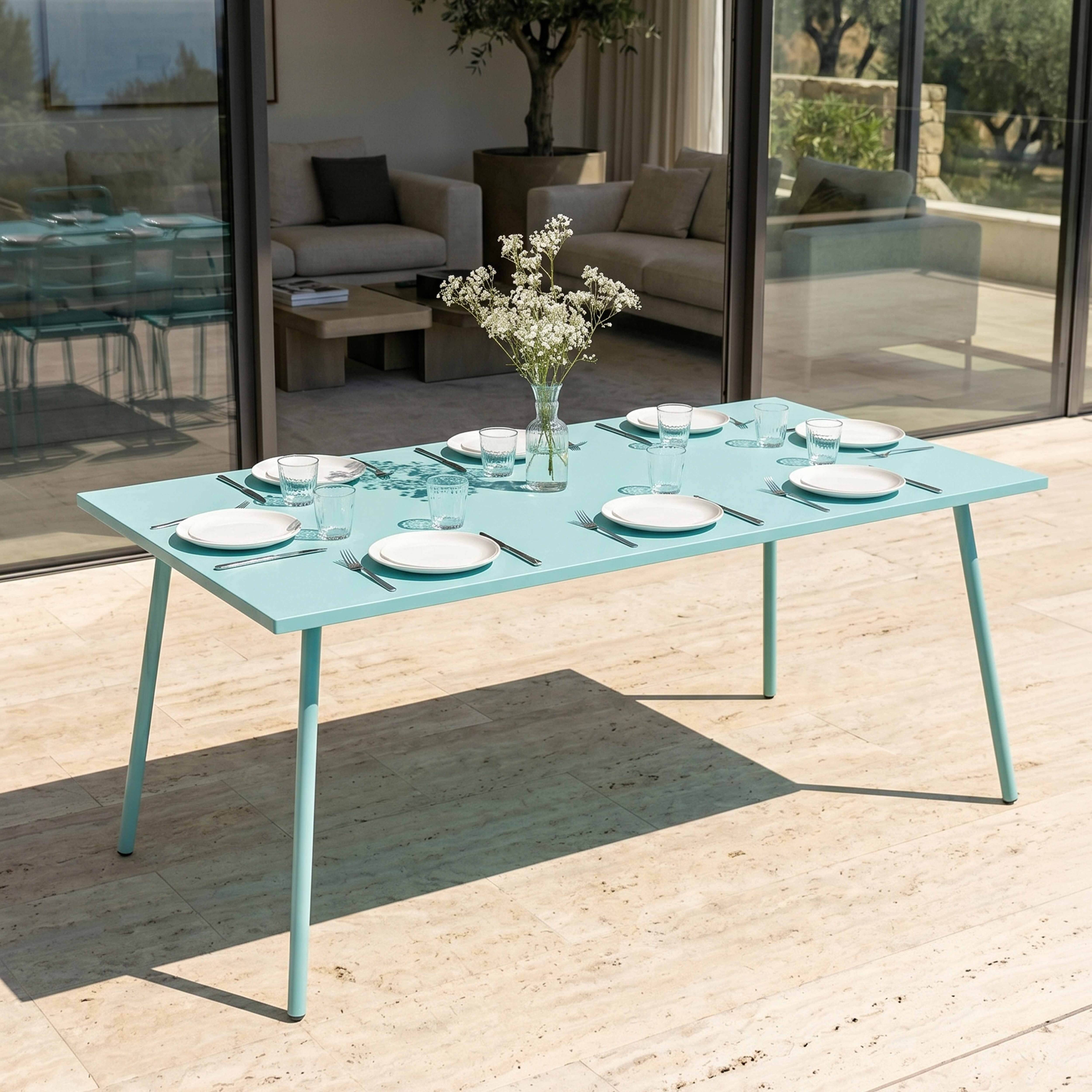 Oviala - Table de jardin rectangulaire en métal 8 places 180 cm turquoise Palavas - Oviala - Imagen 2