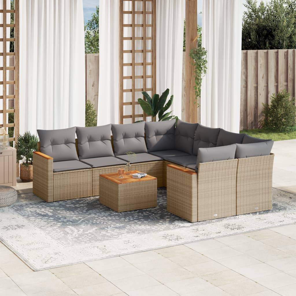 Salon de jardin 8 personnes résine tressée modulable table en bois et coussins gris Mélange Beige – ComfortXL Outdoor Living - Image 1