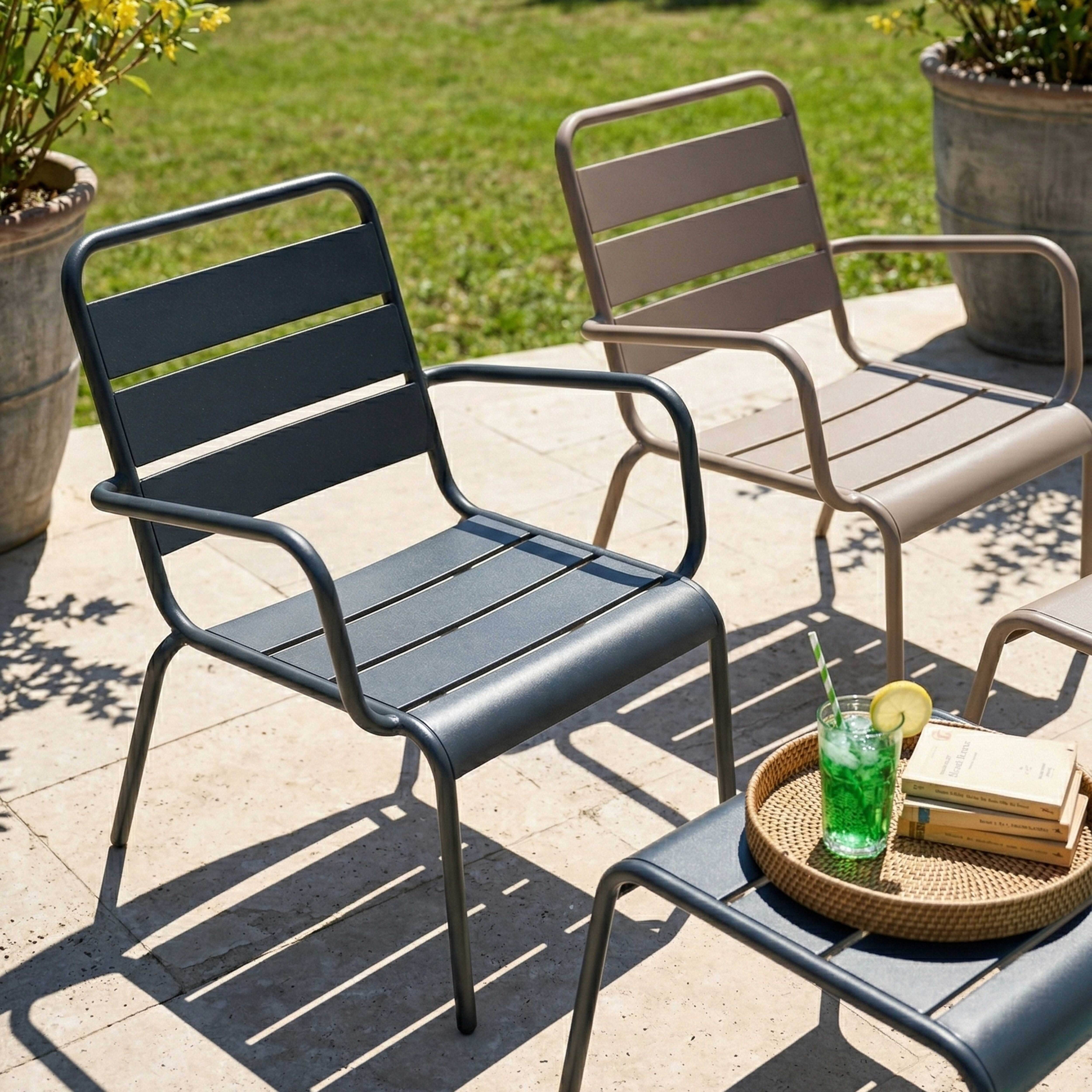 Oviala - Lot 2 fauteuils relax avec repose-pieds métal gris et taupe Palavas - Oviala - Imagen 3