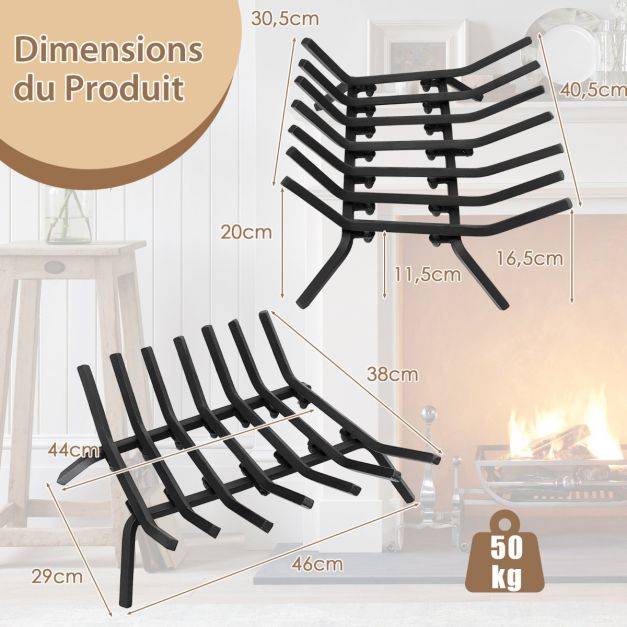 Helloshop26 - Grille de cheminée 46 cm support à bûches de cheminée en fer robuste 7 barres de fer de 14 mm support à bois de chauffage intérieur extérieur - Imagen 3