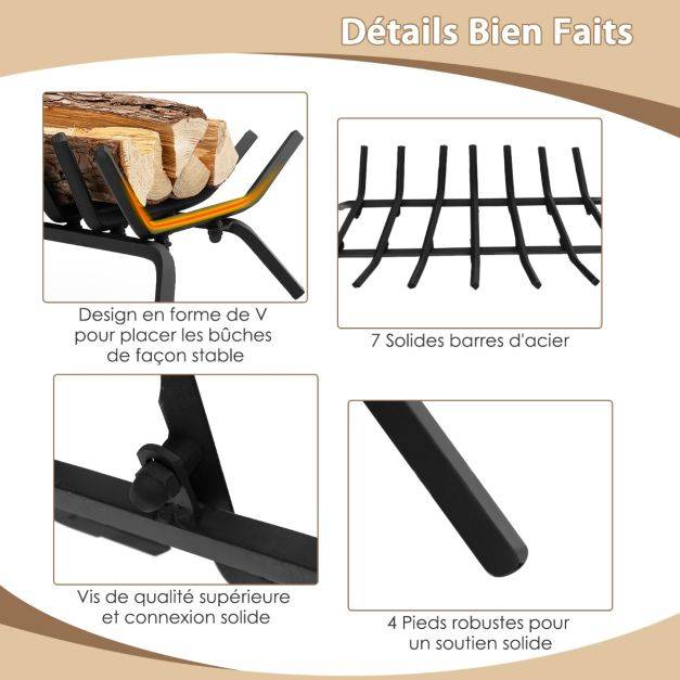 Helloshop26 - Grille de cheminée 46 cm support à bûches de cheminée en fer robuste 7 barres de fer de 14 mm support à bois de chauffage intérieur extérieur - Imagen 2