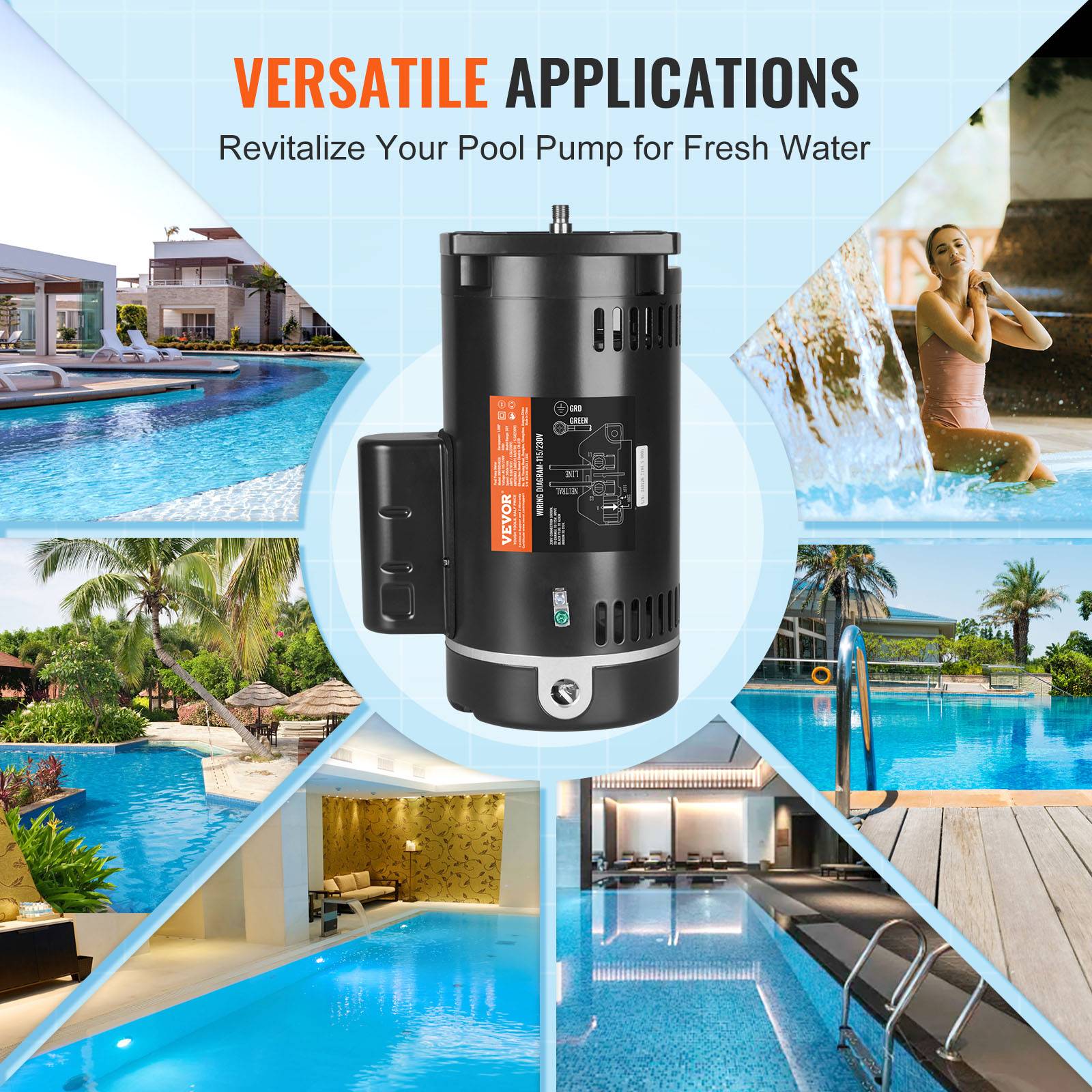Vevor - VEVOR Moteur de pompe piscine 1 CV 56Y, 115/230 V, 3450 tr/min, 90 μF/250 V, rotation CCW. - Image 5