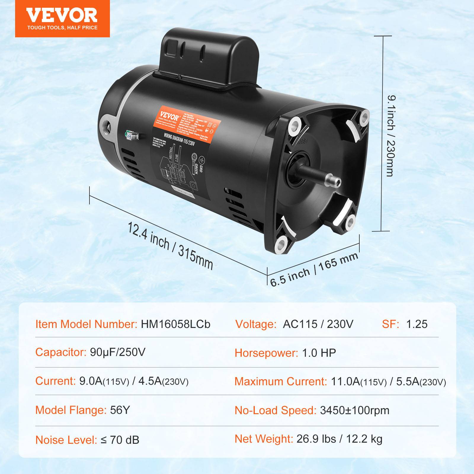 Vevor - VEVOR Moteur de pompe piscine 1 CV 56Y, 115/230 V, 3450 tr/min, 90 μF/250 V, rotation CCW. - Image 6