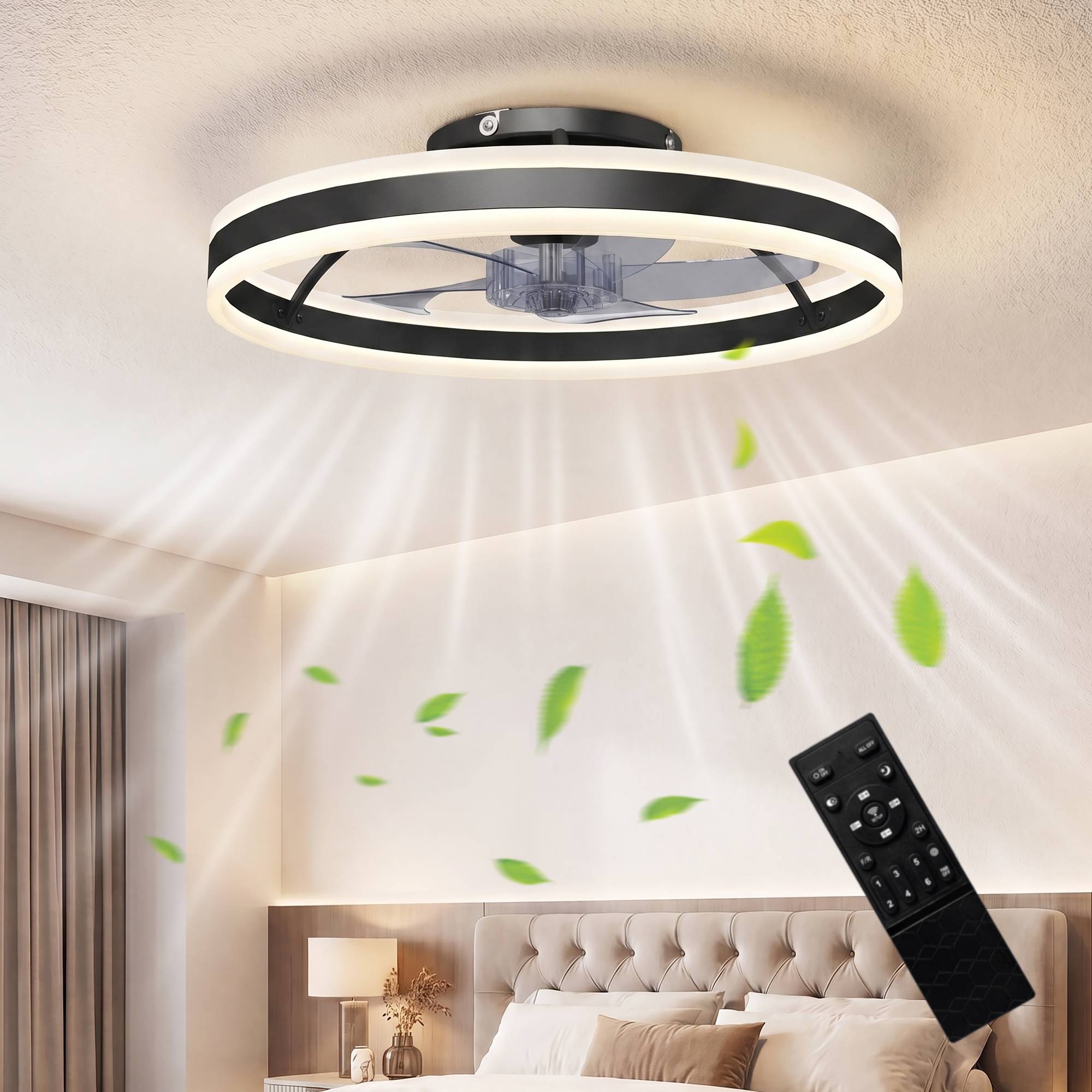 Sans Marque - Ventilateur plafond éclairage télécommande 50 cm fixation 6 vis noir - Image 2