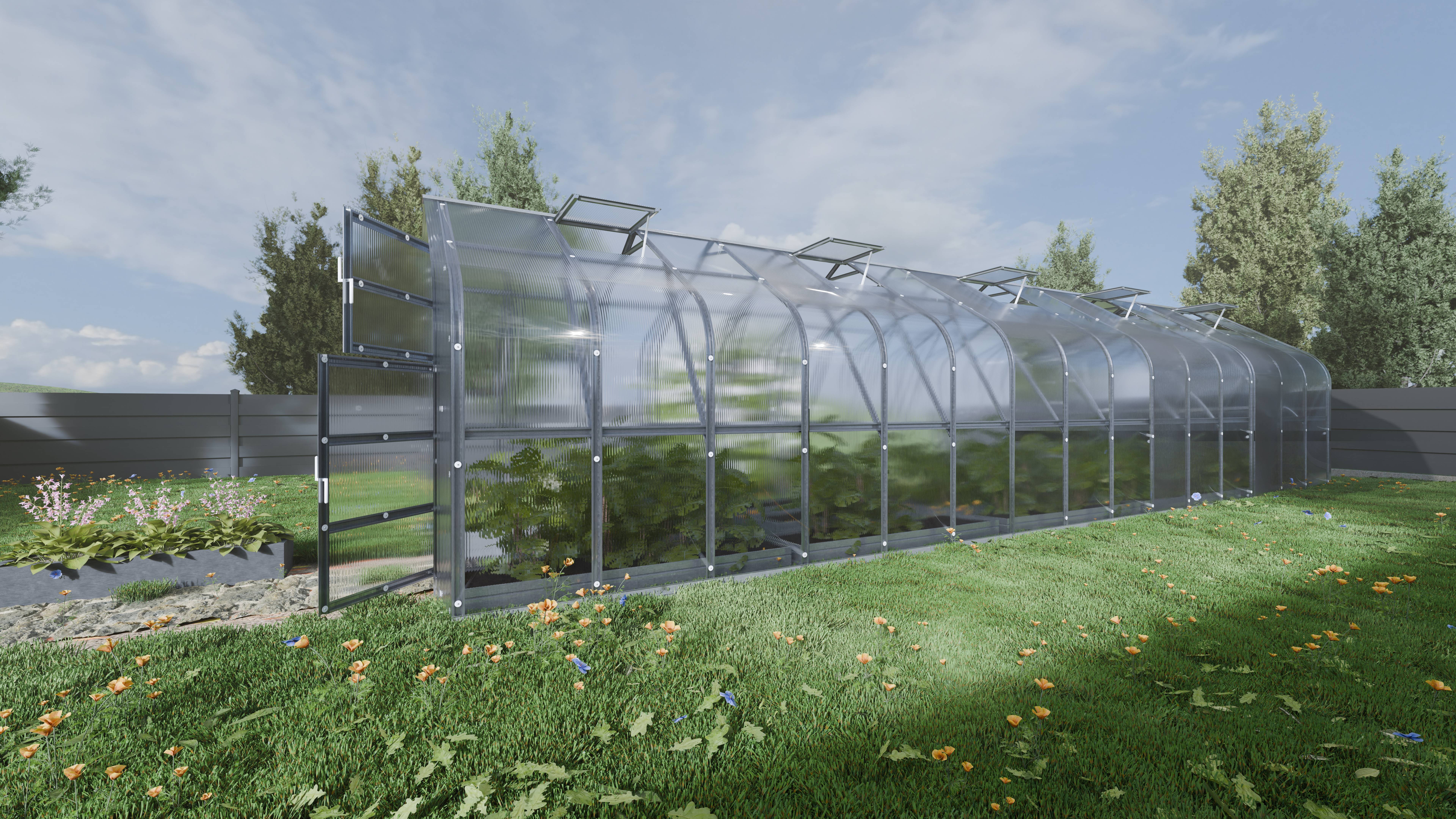 Serre KLASIKA Standard 30m2, 2,5m x 12m, 6 mm avec revêtement en polycarbonate (Avec 6 toits ouvrants automatiques) - Image 2