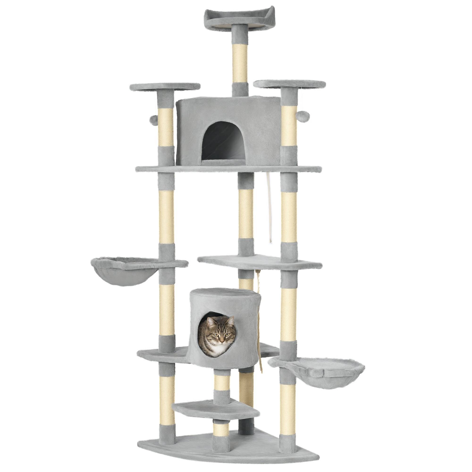 Arbre à chat XXL multi équipements griffoirs 6 plateformes 2 niches 200 cm gris