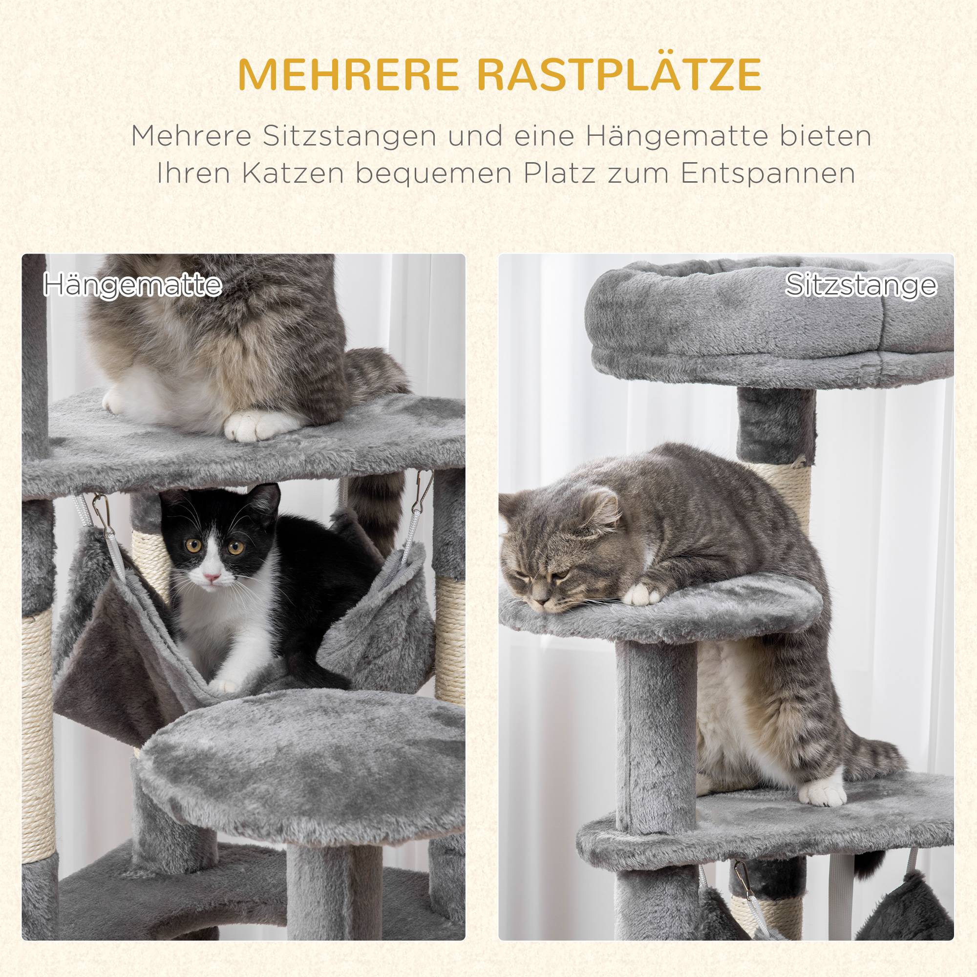 Arbre à chat PawHut, poteau à griffer, tour de jeu, arbre d'escalade, hamac, gris, L40 x l40 x H132 cm - Image 8
