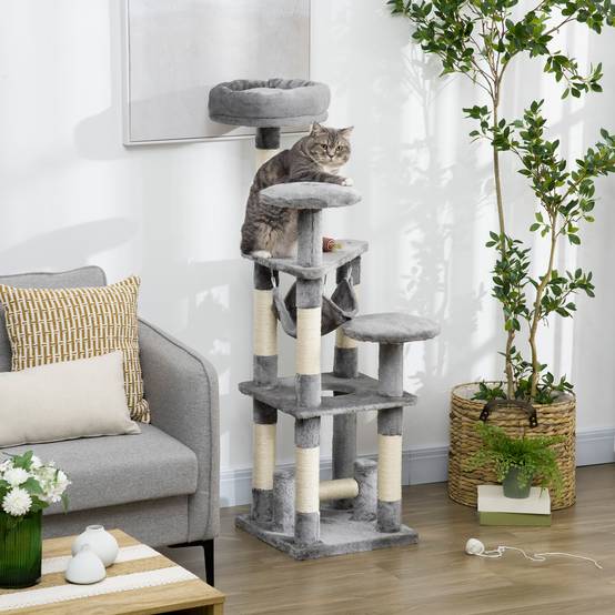 Arbre à chat PawHut, poteau à griffer, tour de jeu, arbre d'escalade, hamac, gris, L40 x l40 x H132 cm - Image 4