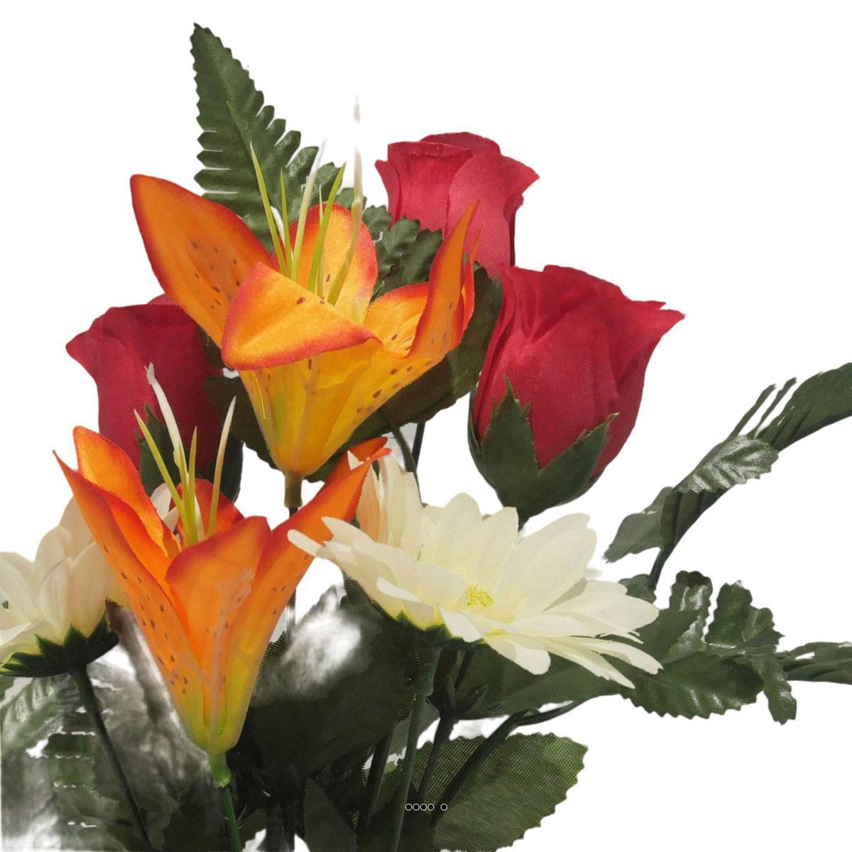 Artificielles - Pot pour la Toussaint de Boutons de Rose, Lys tigrés et gerberas artificiels pour la tombe Orange - couleur: Orange - Imagen 3
