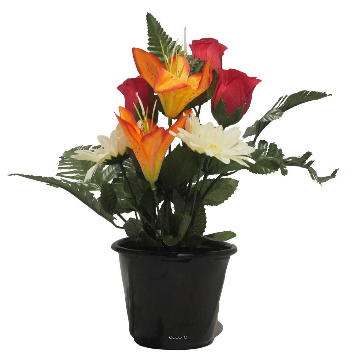 Artificielles - Pot pour la Toussaint de Boutons de Rose, Lys tigrés et gerberas artificiels pour la tombe Orange - couleur: Orange - Imagen 1
