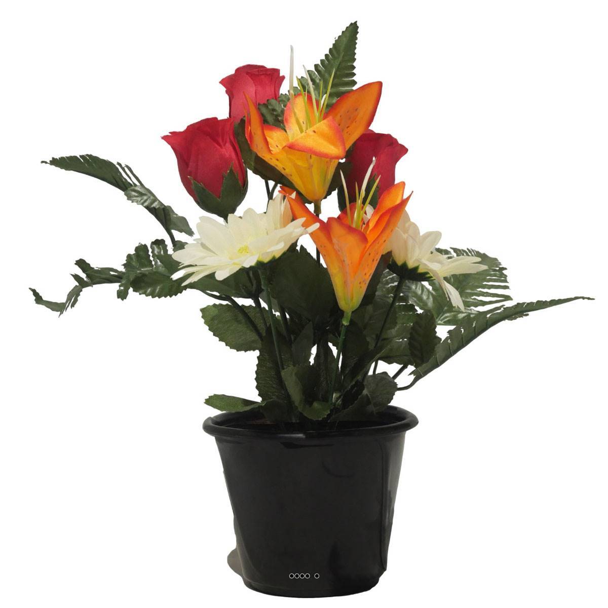 Artificielles - Pot pour la Toussaint de Boutons de Rose, Lys tigrés et gerberas artificiels pour la tombe Orange - couleur: Orange - Imagen 2
