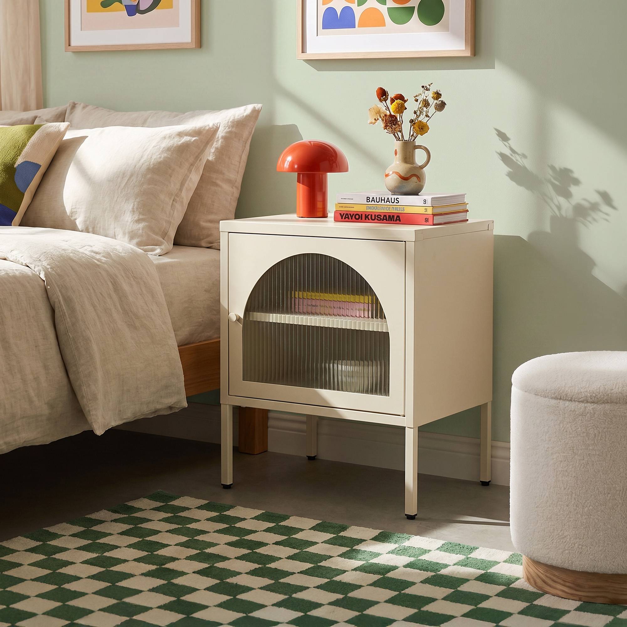 Sicaan Table de Chevet Lot de 2 Industrielle en métal 1 Porte en Verre cannelé Beige - Elin