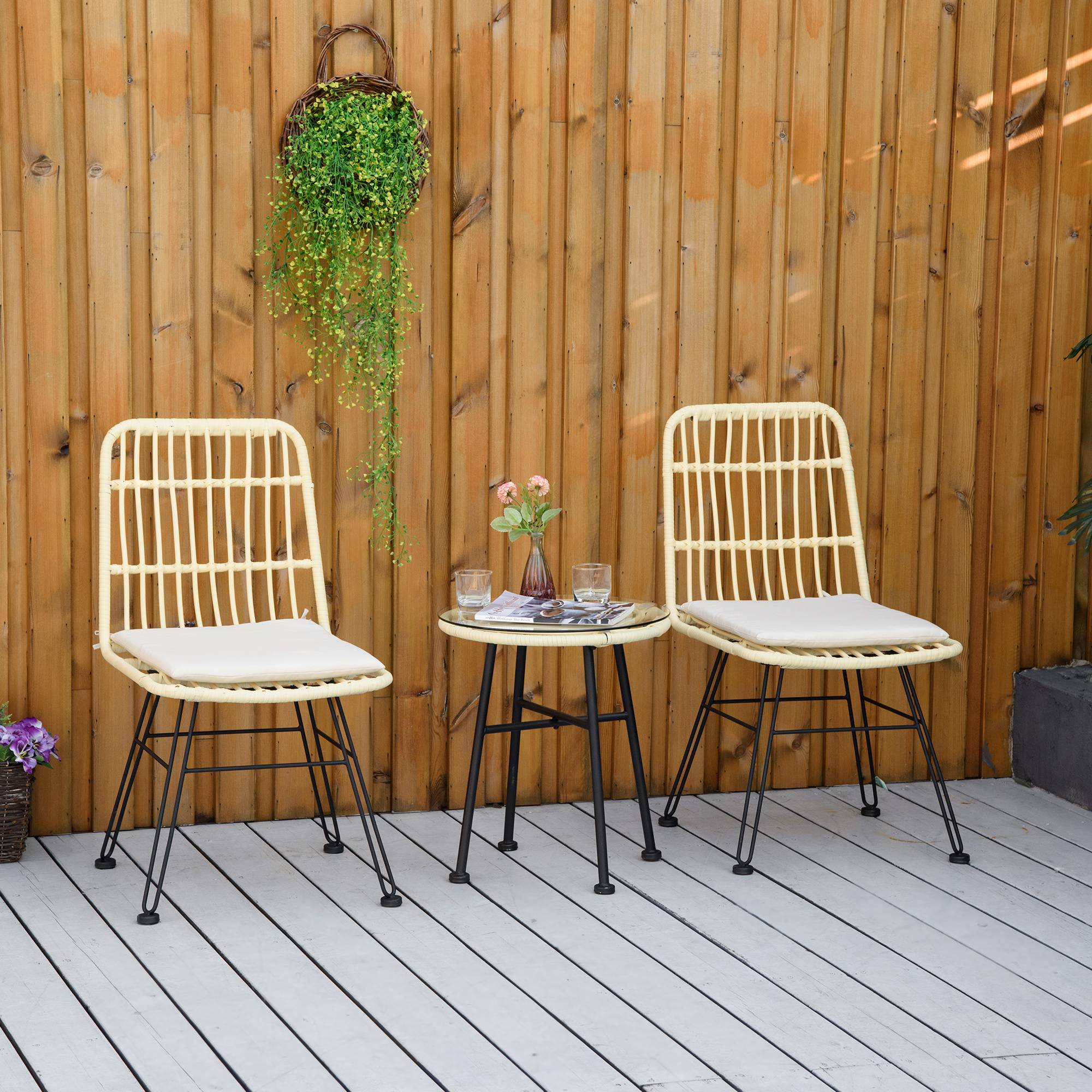 Sans Marque - Ensemble bistro jardin 3 pièces rotin PE acier table basse verre 2 chaises crème - Image 4