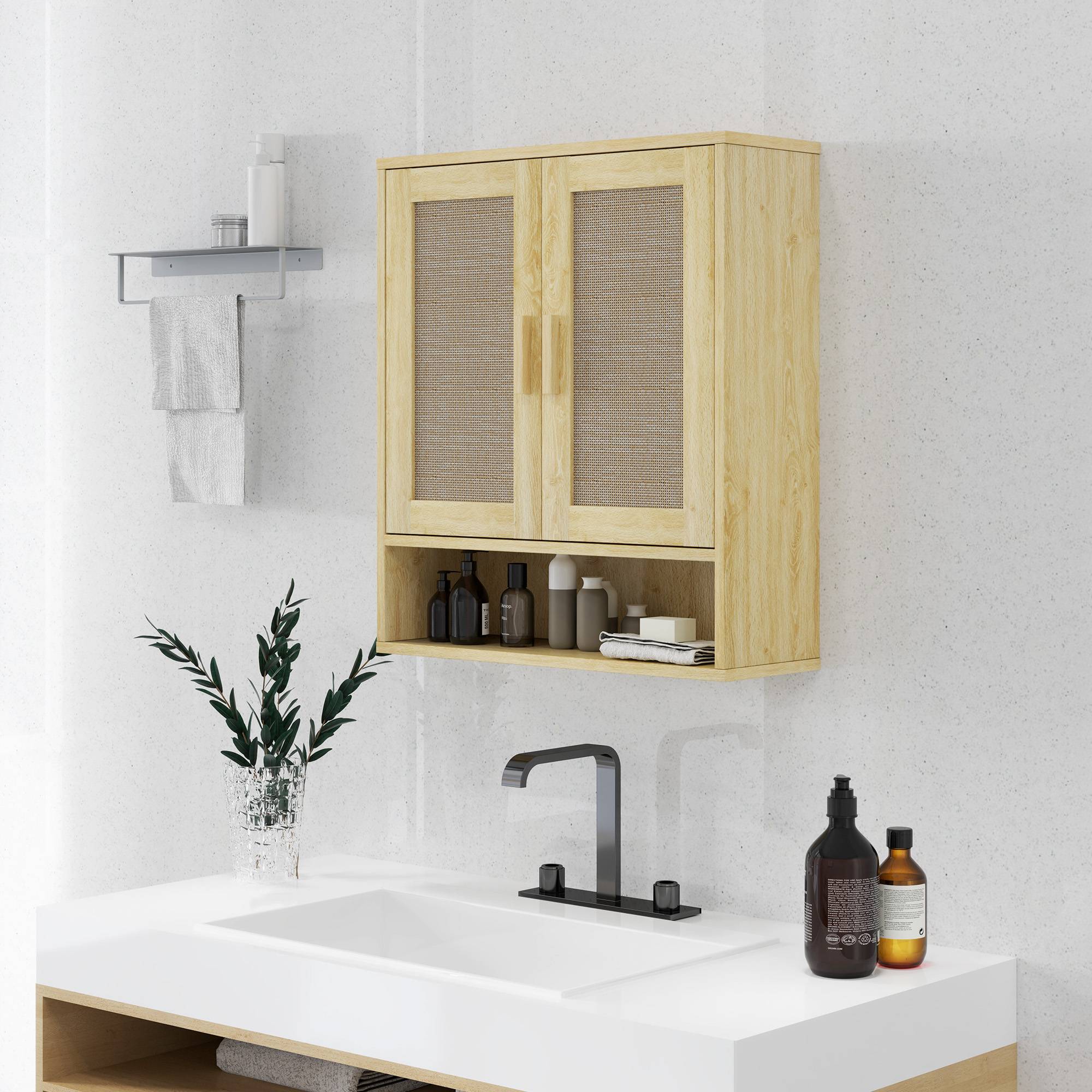 Sans Marque - Meuble mural salle bain meuble wc suspendu double porte étagère ouverte 59x20x66,5 cm effet bois chêne - Image 3
