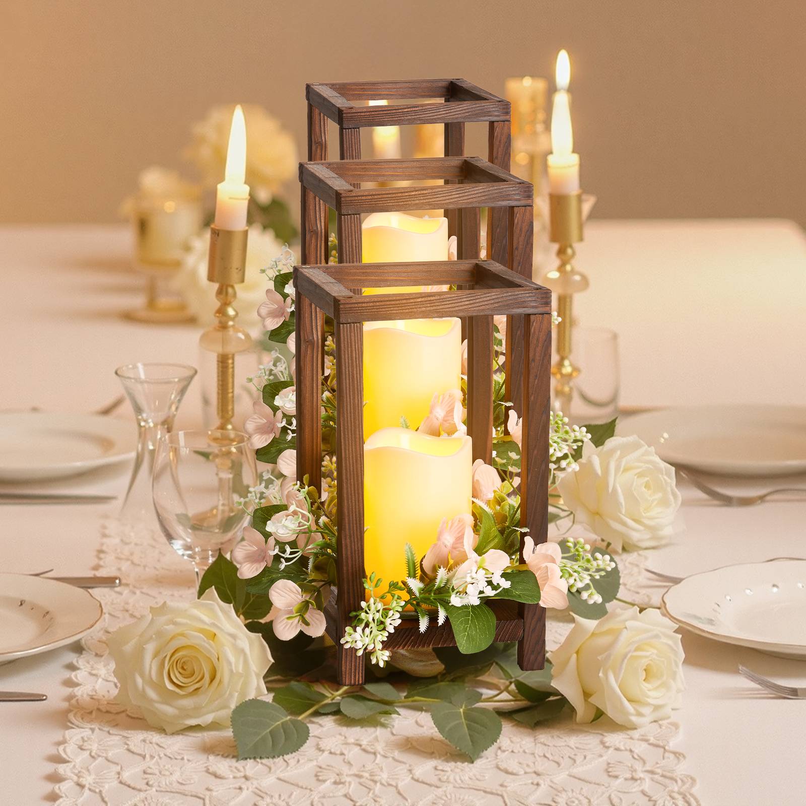 VEVOR Lanterne de Mariage Bois avec Bougies LED Couronnes Fleur Lot de 20 Marron - Image 8
