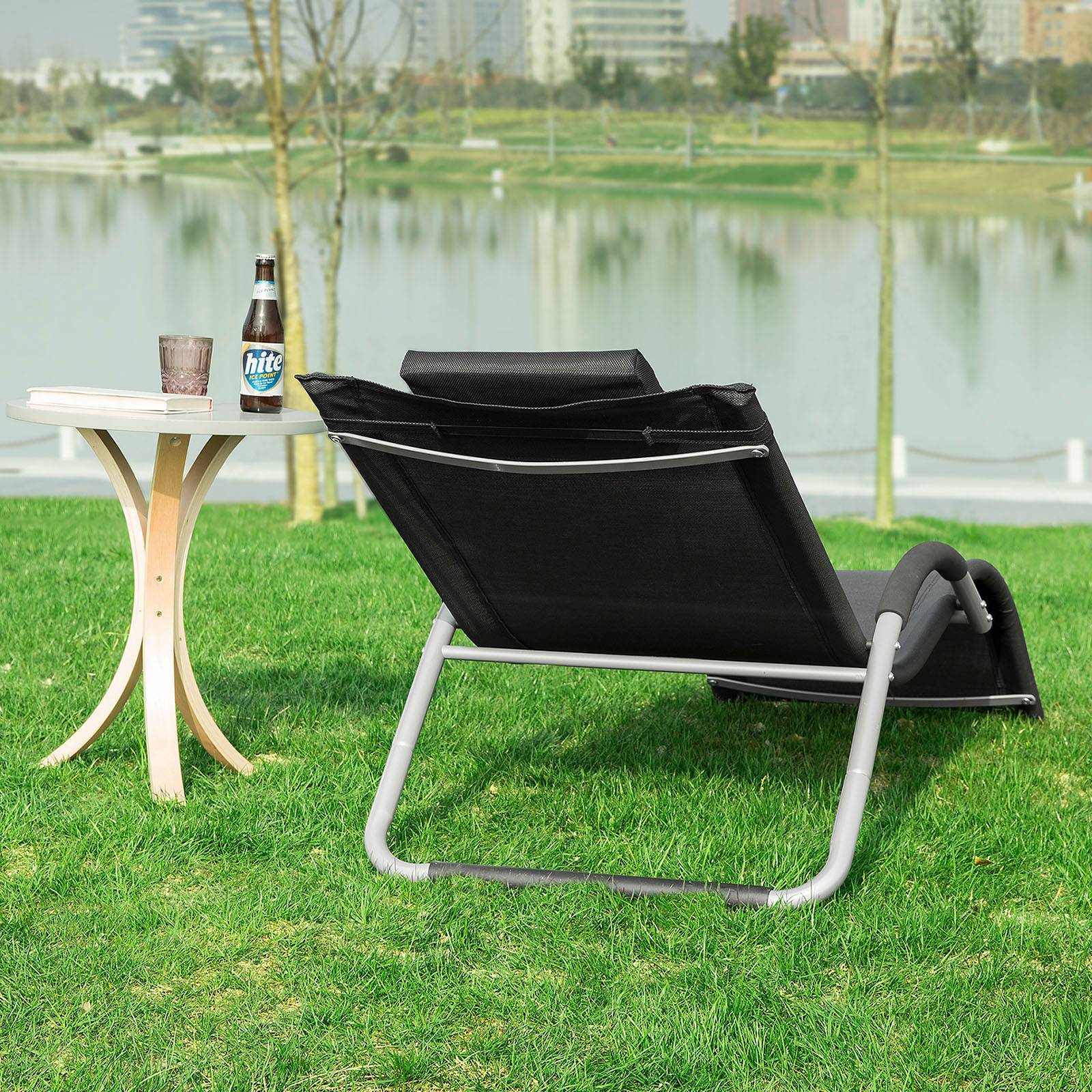 Bain de Soleil Transat de Jardin Chaise Longue avec Appui-tête Noir L.220 x l.60 x H.105 cm SoBuy - Imagen 10