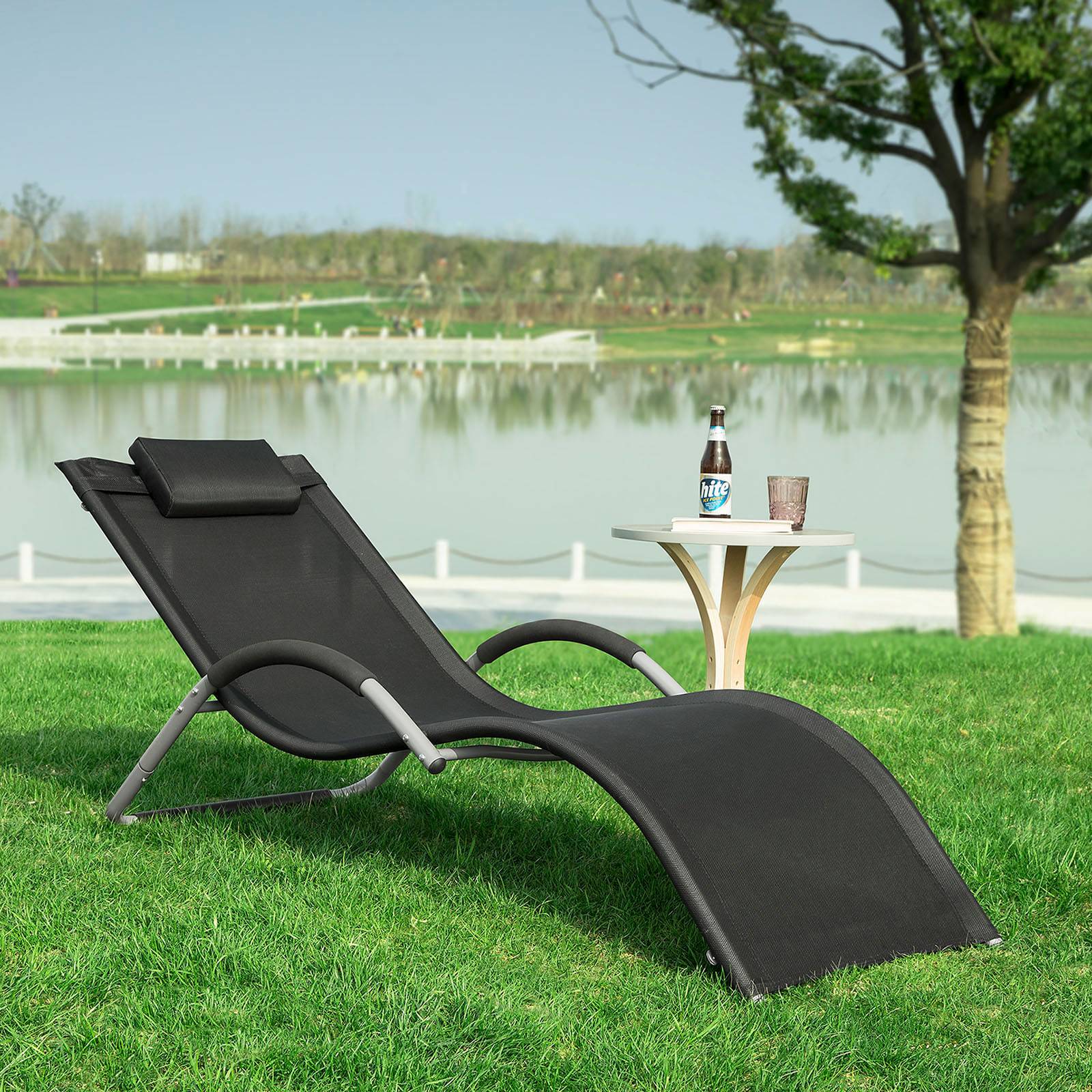Bain de Soleil Transat de Jardin Chaise Longue avec Appui-tête Noir L.220 x l.60 x H.105 cm SoBuy - Image 2