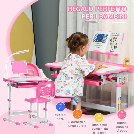Banc scolaire réglable avec chaise enfant 6-12 ans,70×49,5×80-105 cm, rose - Image 6