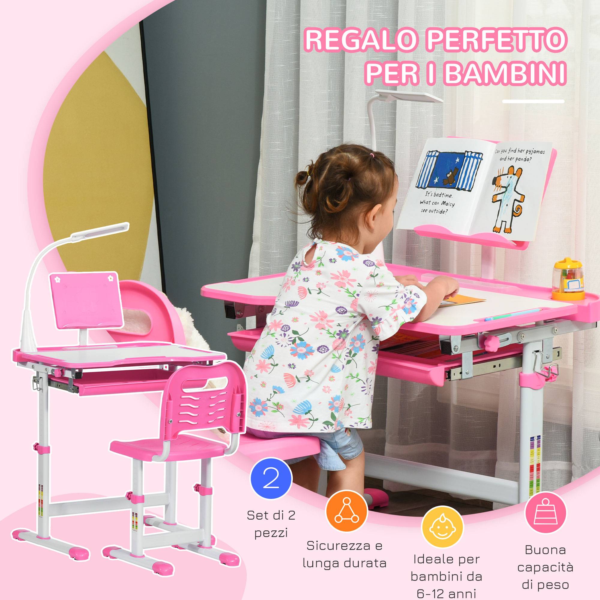 Banc scolaire réglable avec chaise enfant 6-12 ans,70×49,5×80-105 cm, rose - Image 6