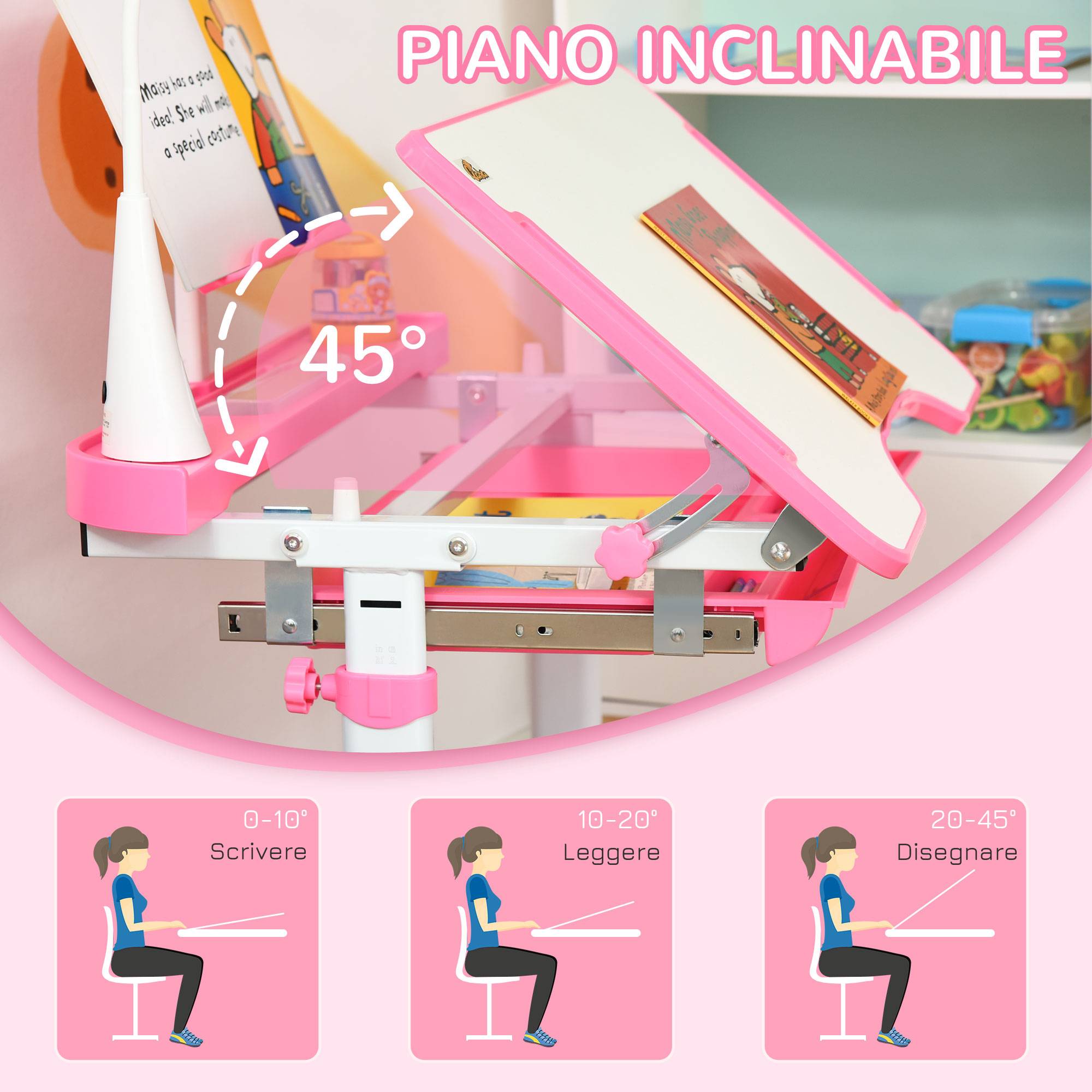Banc scolaire réglable avec chaise enfant 6-12 ans,70×49,5×80-105 cm, rose - Image 9