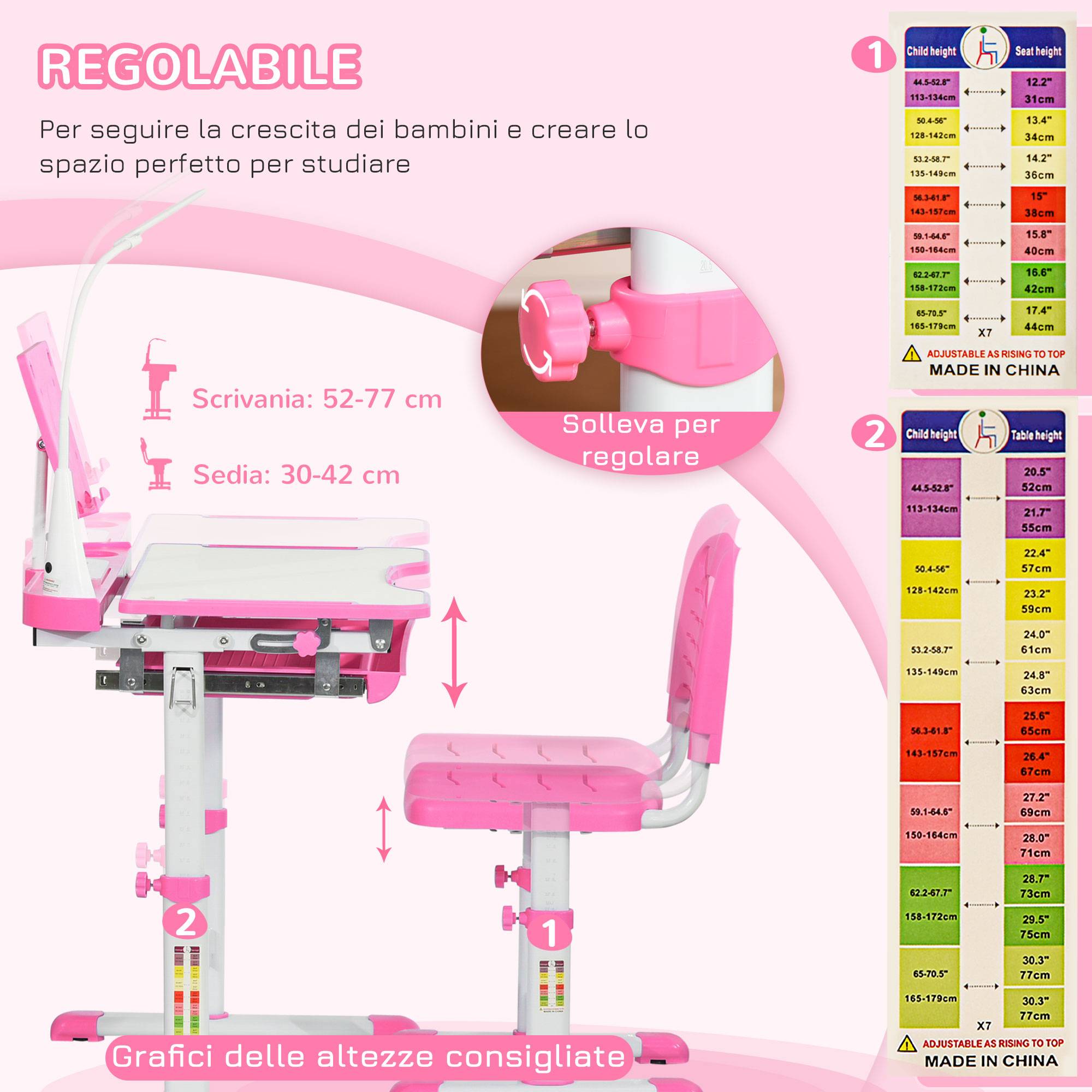 Banc scolaire réglable avec chaise enfant 6-12 ans,70×49,5×80-105 cm, rose - Image 8