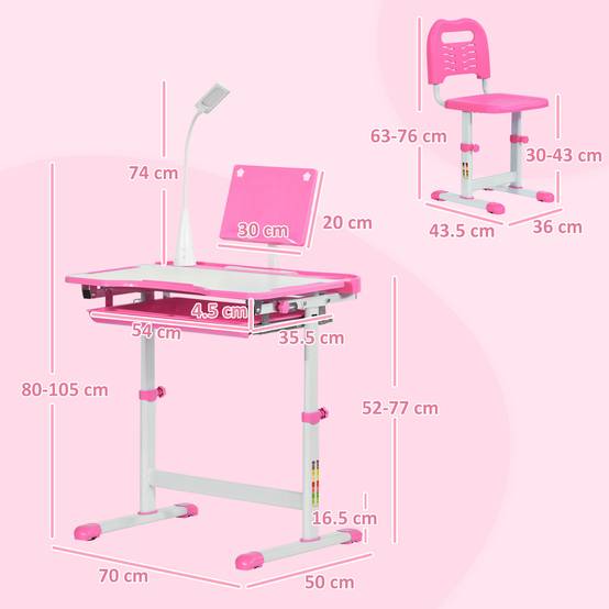 Banc scolaire réglable avec chaise enfant 6-12 ans,70×49,5×80-105 cm, rose - Image 5