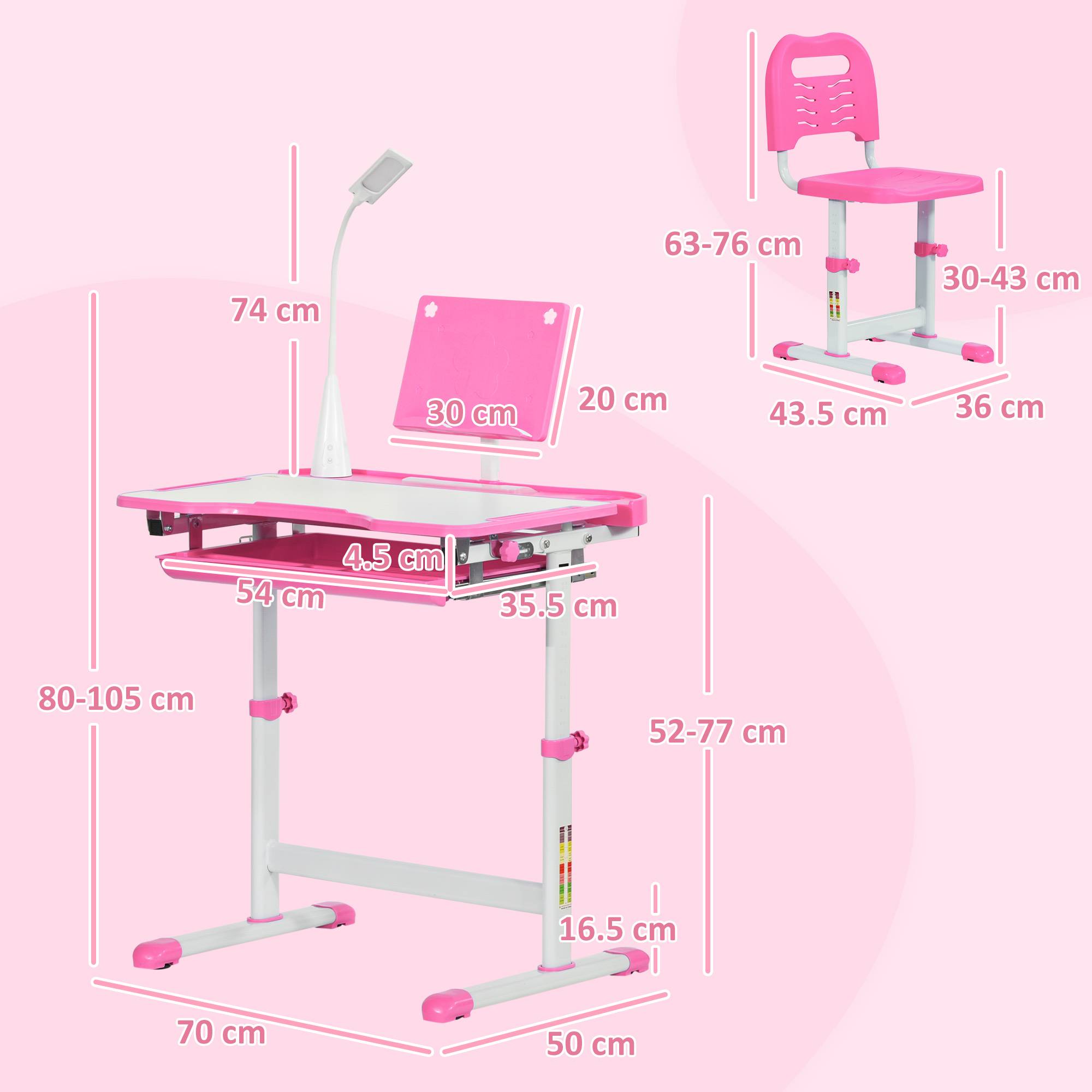 Banc scolaire réglable avec chaise enfant 6-12 ans,70×49,5×80-105 cm, rose - Image 5