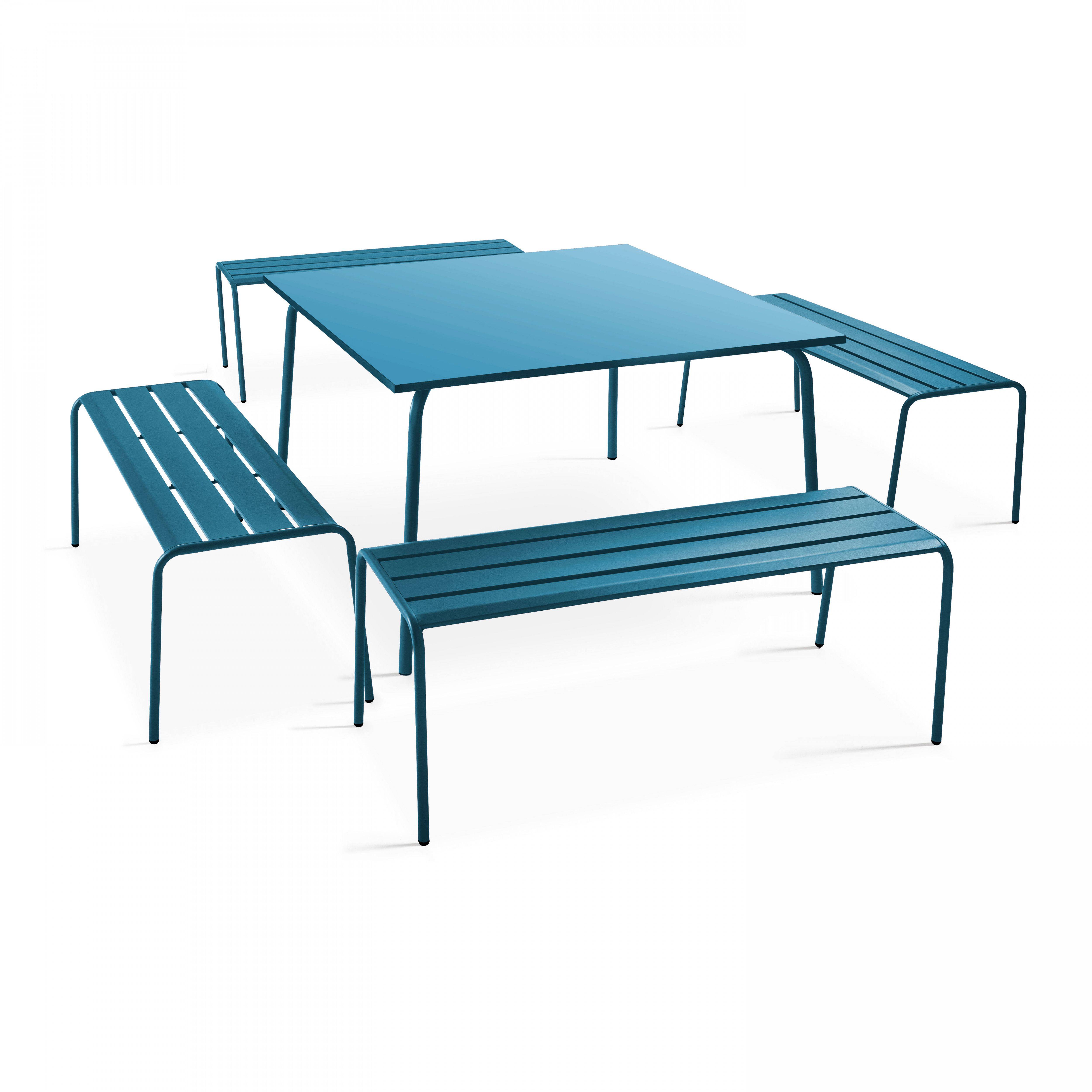 Oviala - Ensemble table de jardin carrée et 4 bancs en métal bleu pacific Palavas - Oviala - Imagen 1