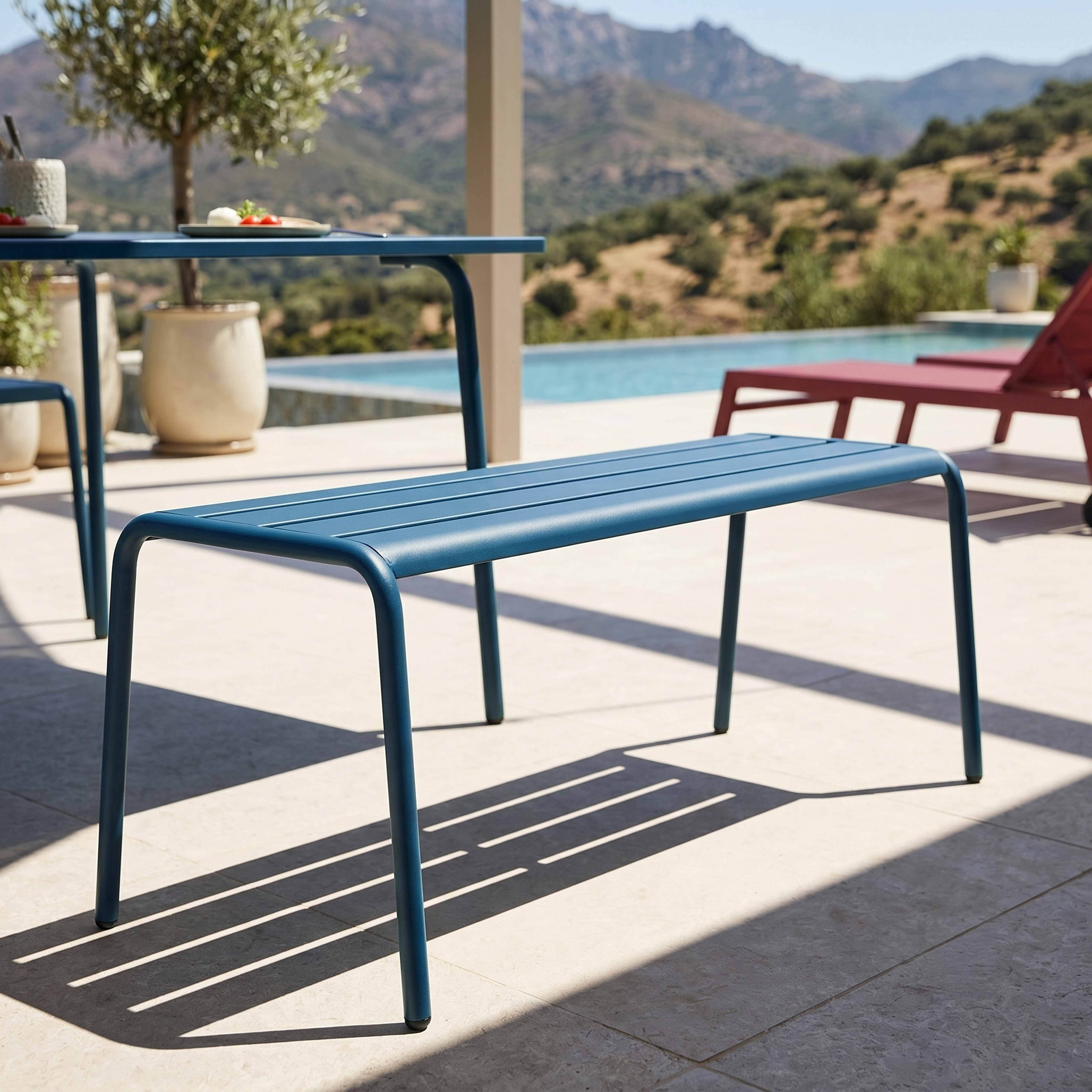 Oviala - Ensemble table de jardin carrée et 4 bancs en métal bleu pacific Palavas - Oviala - Imagen 4