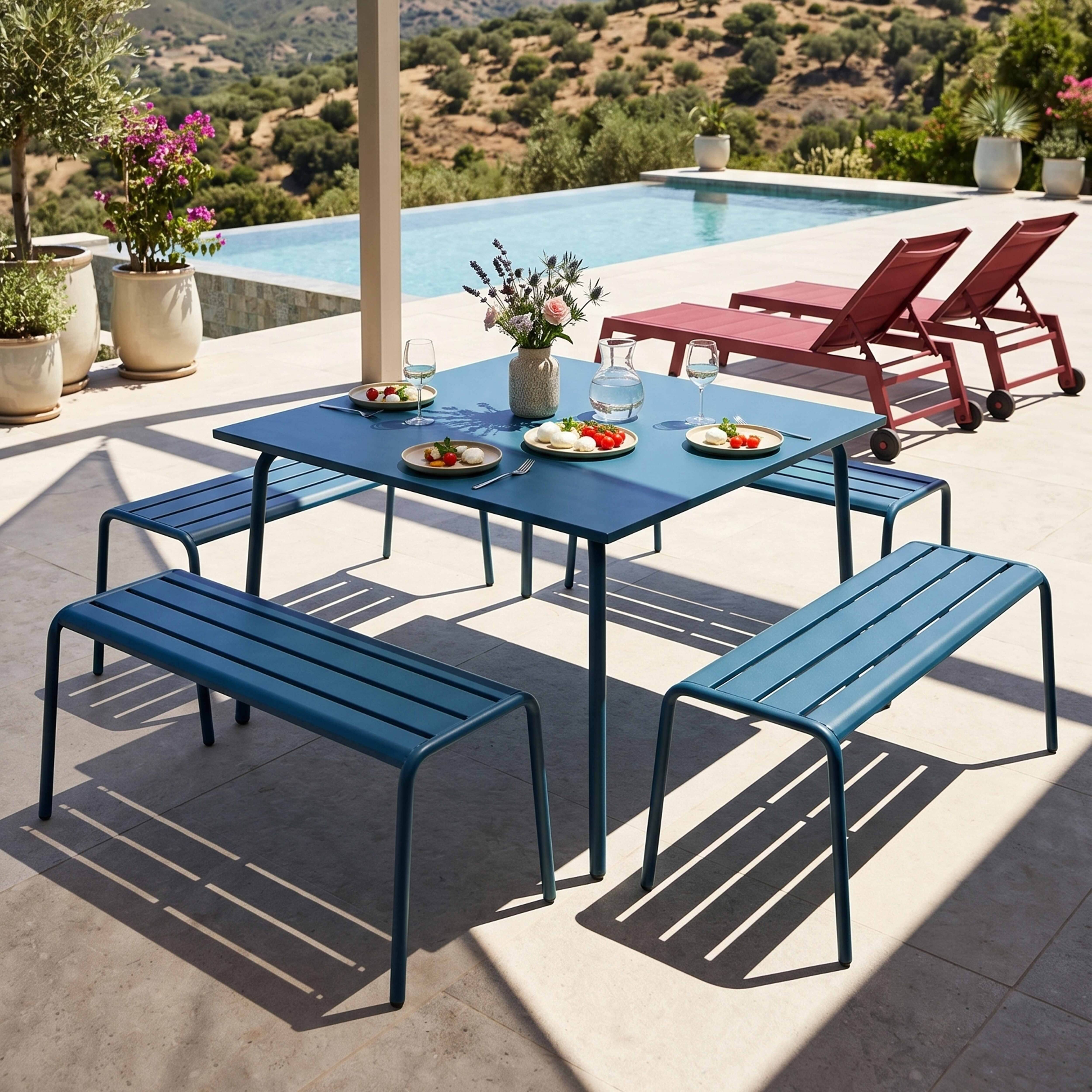 Oviala - Ensemble table de jardin carrée et 4 bancs en métal bleu pacific Palavas - Oviala - Imagen 2