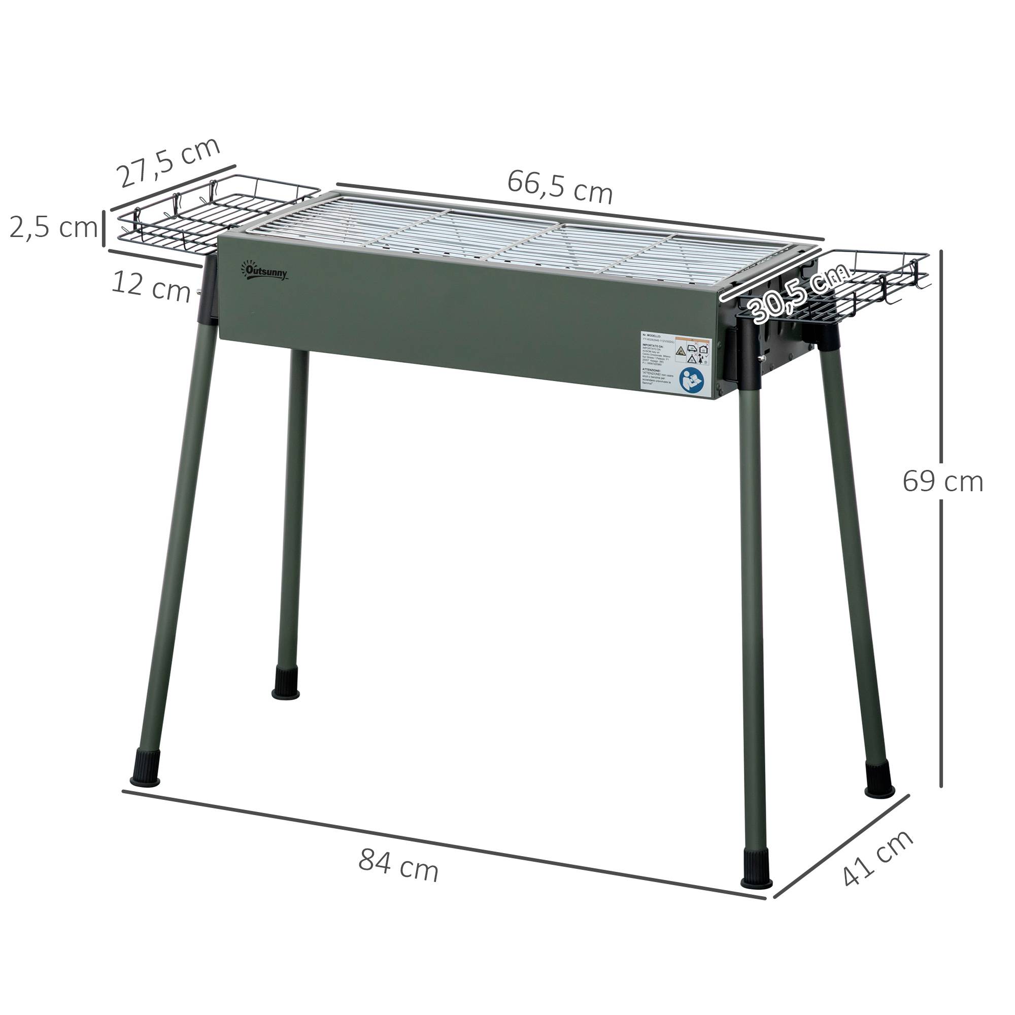 Outsunny - Barbecue à charbon portable - 2 grilles, 2 paniers latéraux - dim. 77L x 30l x 70H cm - acier émaillé vert - Outsunny - Image 3