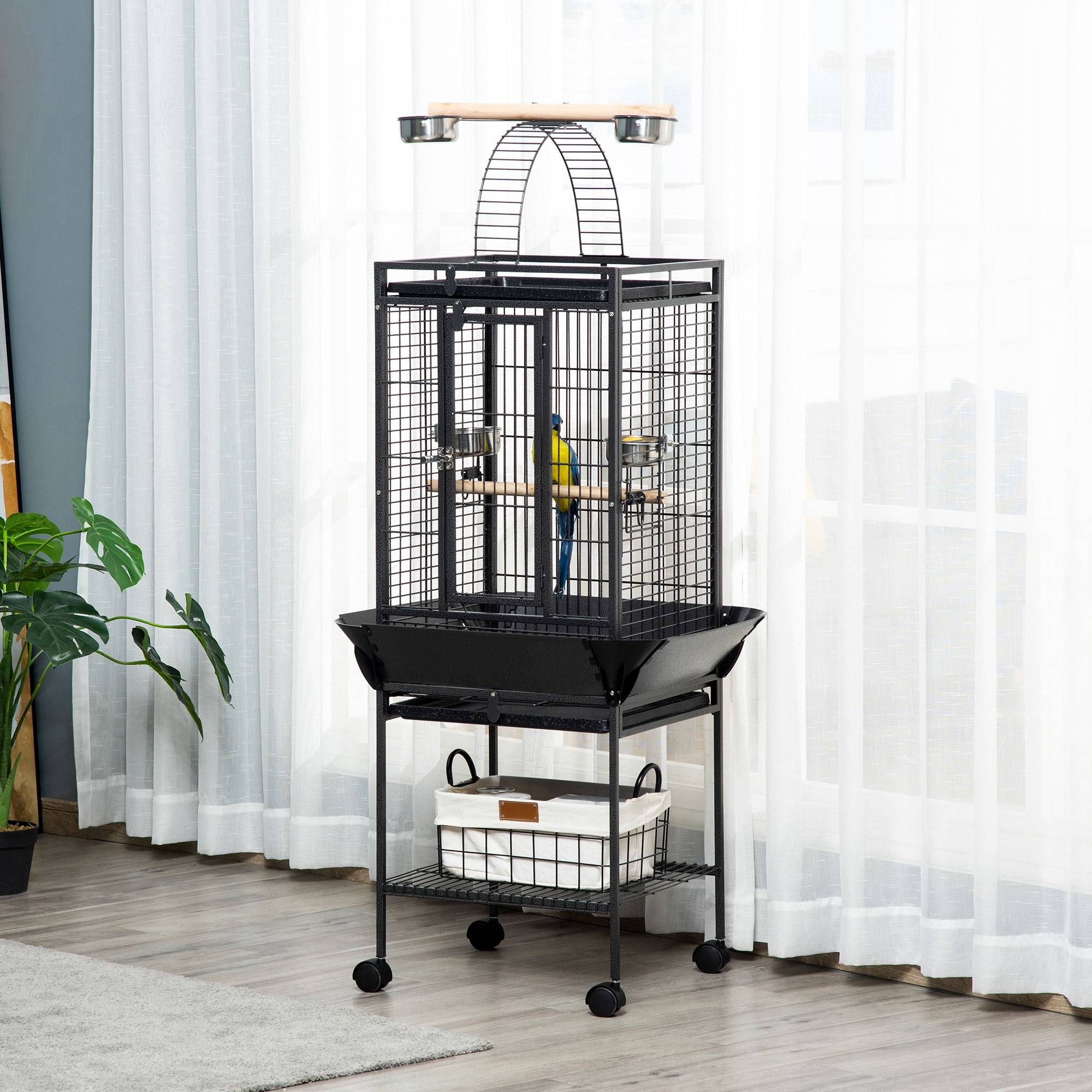 Cage à Perroquet Grise en Acier sur Roulettes avec Aire de Jeu Supérieure pour Cacatès 156 cm - ComfortXL Outdoor Living - Image 4