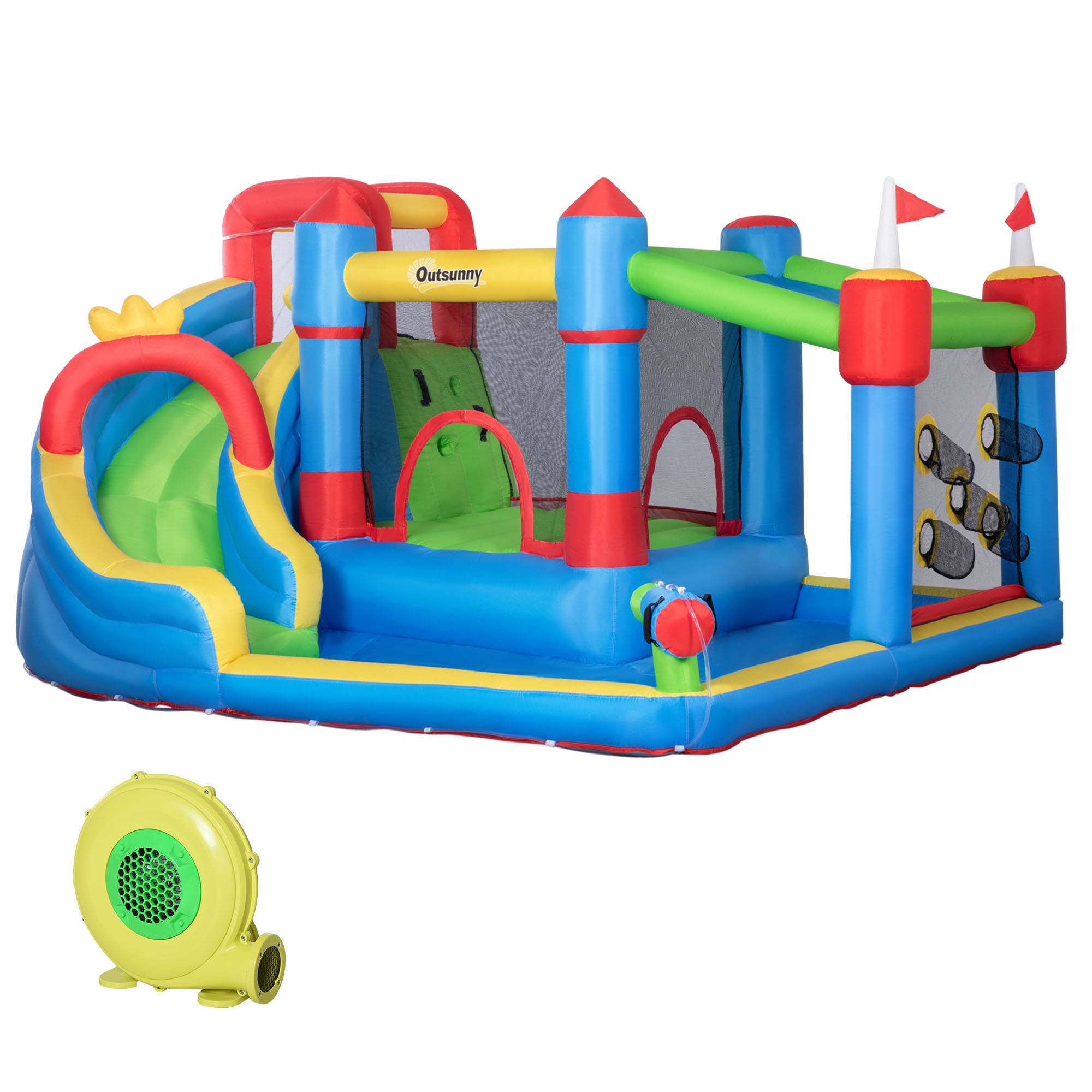 Château gonflable multicolore toboggan trampoline piscine mur d’escalade et gonfleur 390 × 300 × 197 cm - Image 1