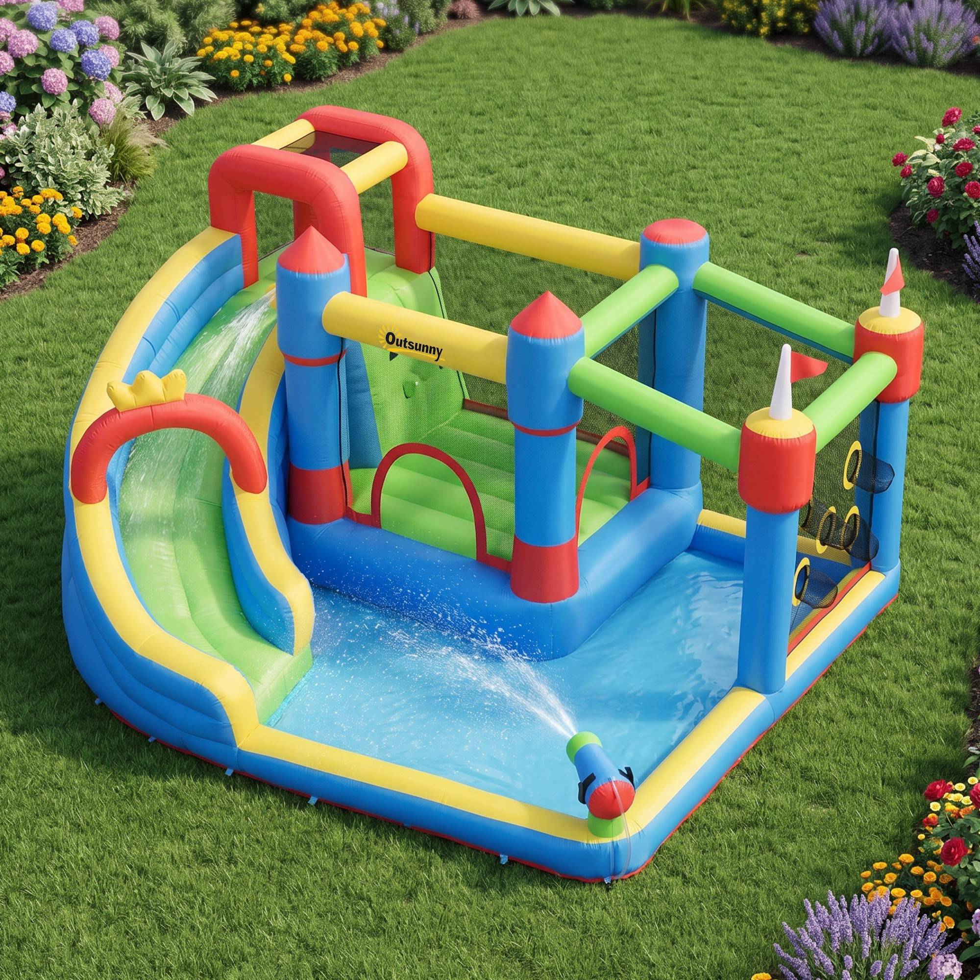 Château gonflable multicolore toboggan trampoline piscine mur d’escalade et gonfleur 390 × 300 × 197 cm - Image 10