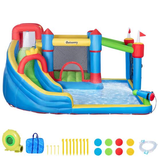 Château gonflable multicolore toboggan trampoline piscine mur d’escalade et gonfleur 390 × 300 × 197 cm - Image 2