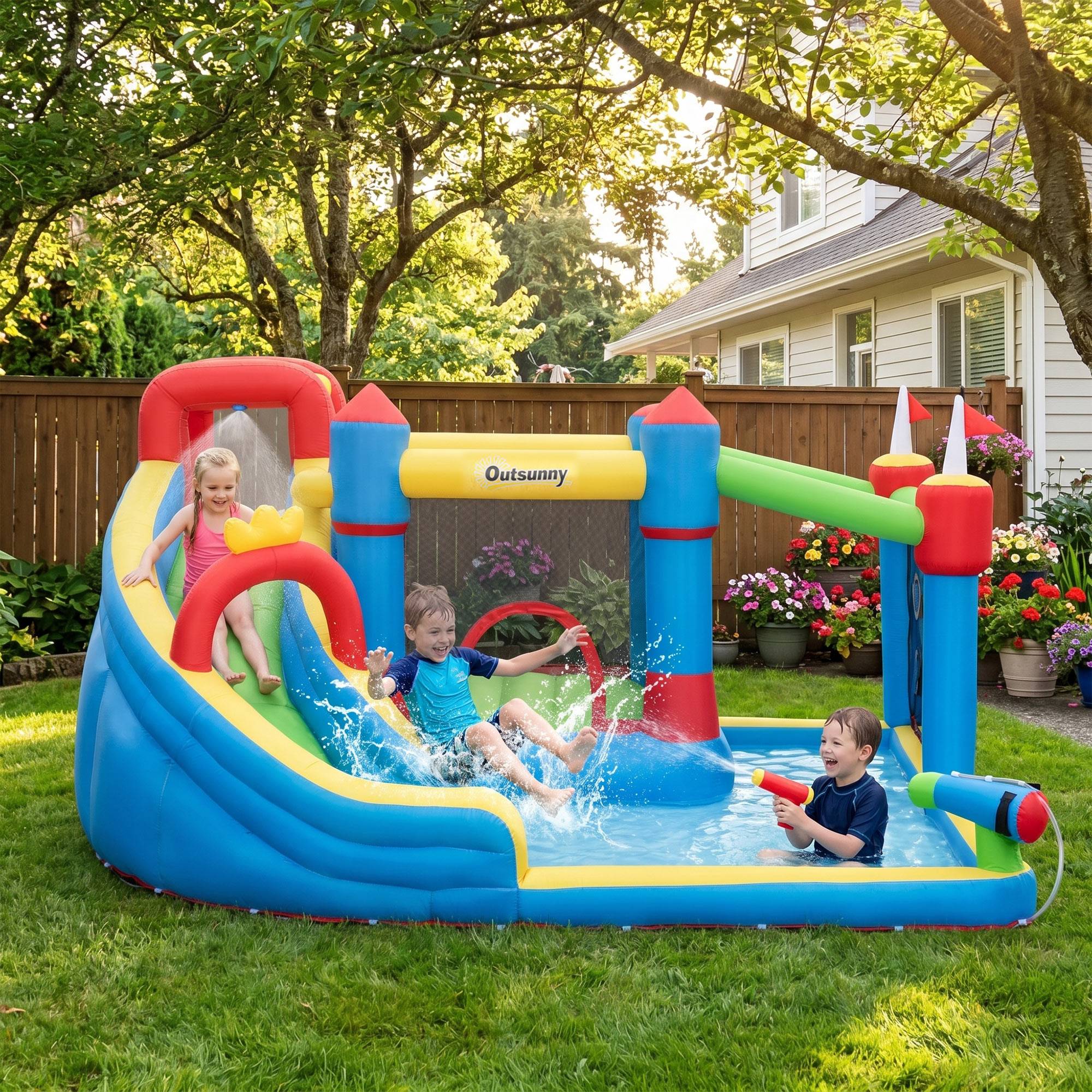 Château gonflable multicolore toboggan trampoline piscine mur d’escalade et gonfleur 390 × 300 × 197 cm - Image 4