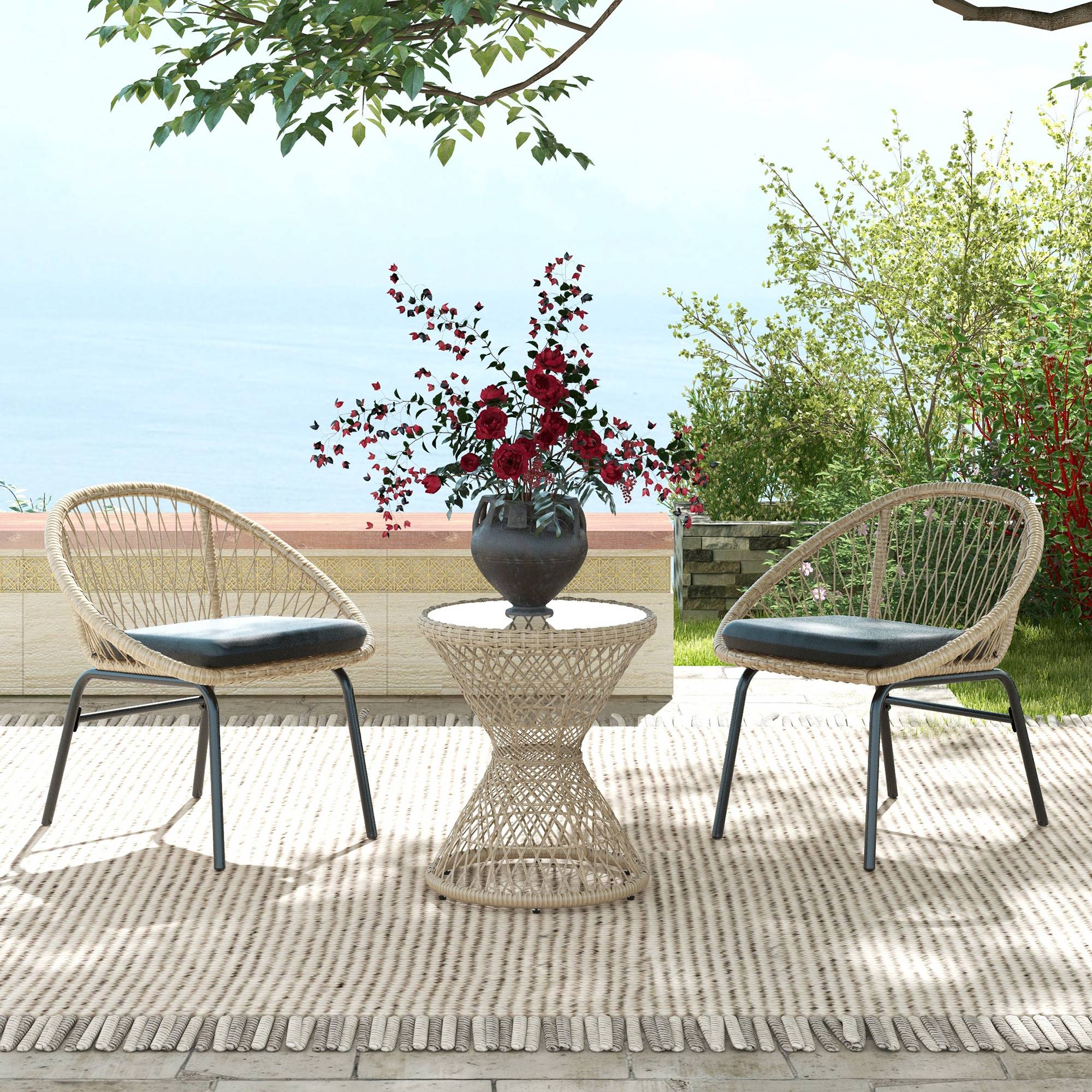 Table basse bohème en rotin PE avec plateau en verre, dimensions 45 x 45 x 52 cm, finition naturelle - Image 2