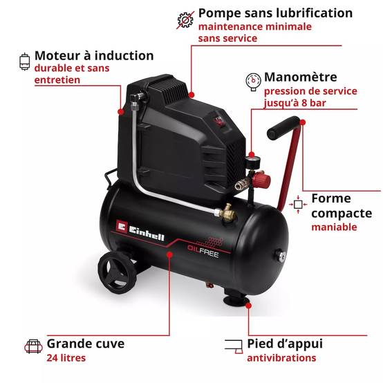 Einhell - Compresseur d’air – TC-AC 190/24/8 I OF – 1100 W – Cuve 24 L – 8 bar – Moteur à induction – Pompe sans lubrification Einhell - Image 2